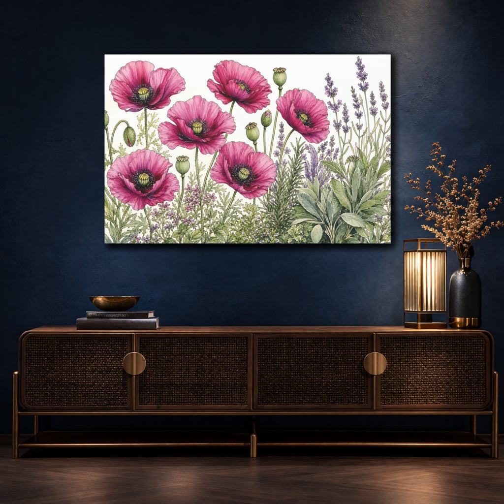 Mockup 4. Floral Poppies Lavender Pink And Purple shown as stretched canvas wall art