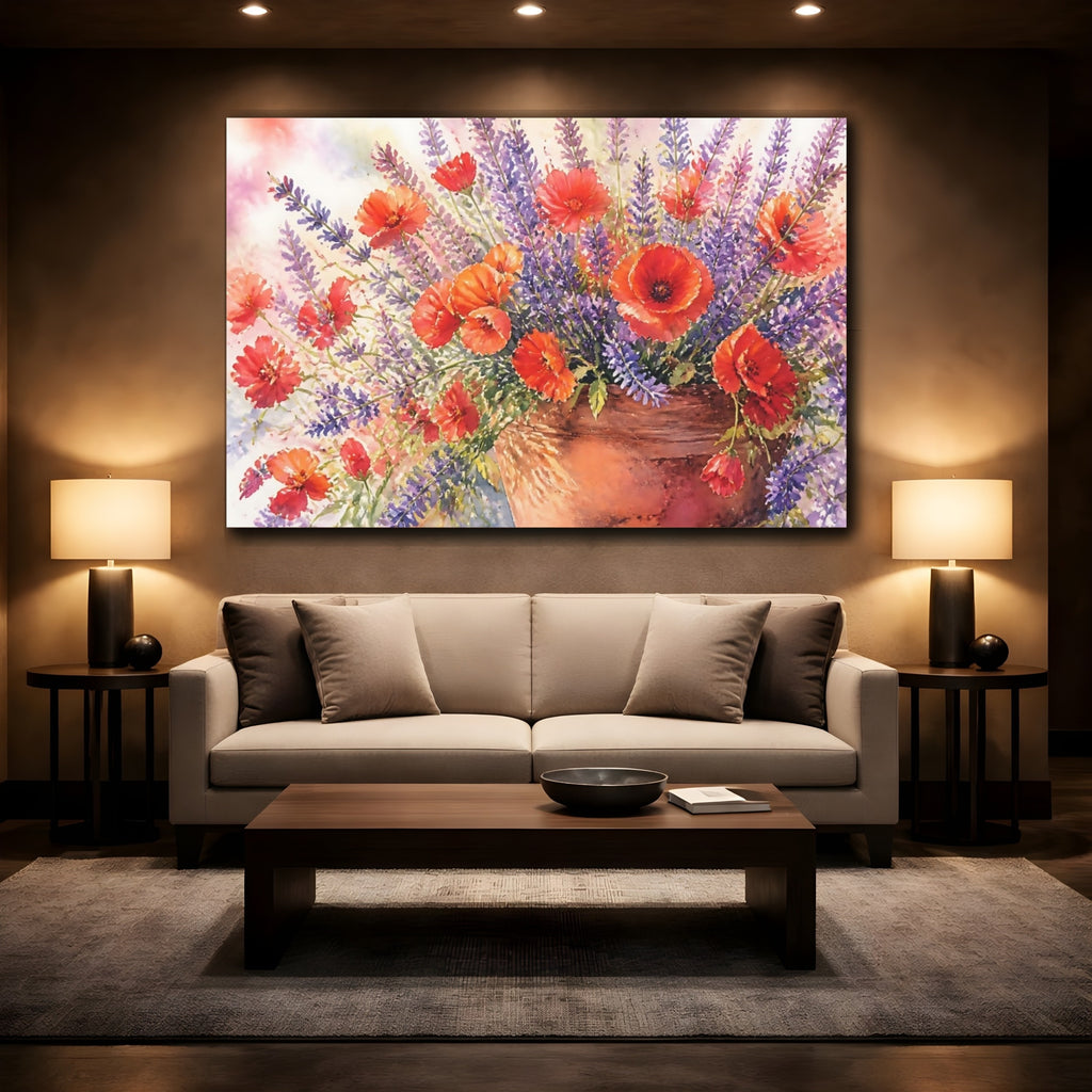 Mockup 2. Floral Poppies Lavender Poppy Lavender Bouquet shown as stretched canvas wall art