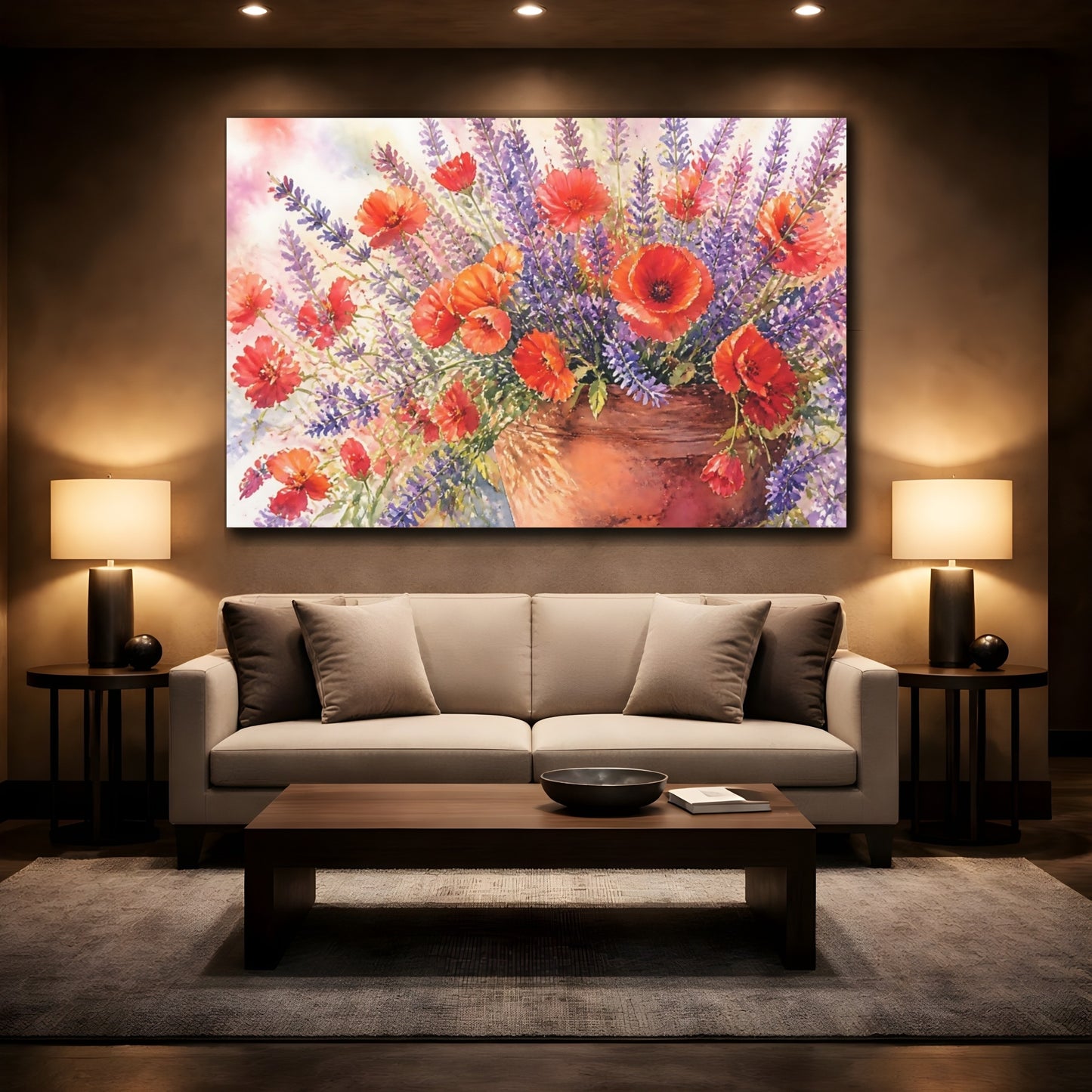 Mockup 2. Floral Poppies Lavender Poppy Lavender Bouquet shown as stretched canvas wall art