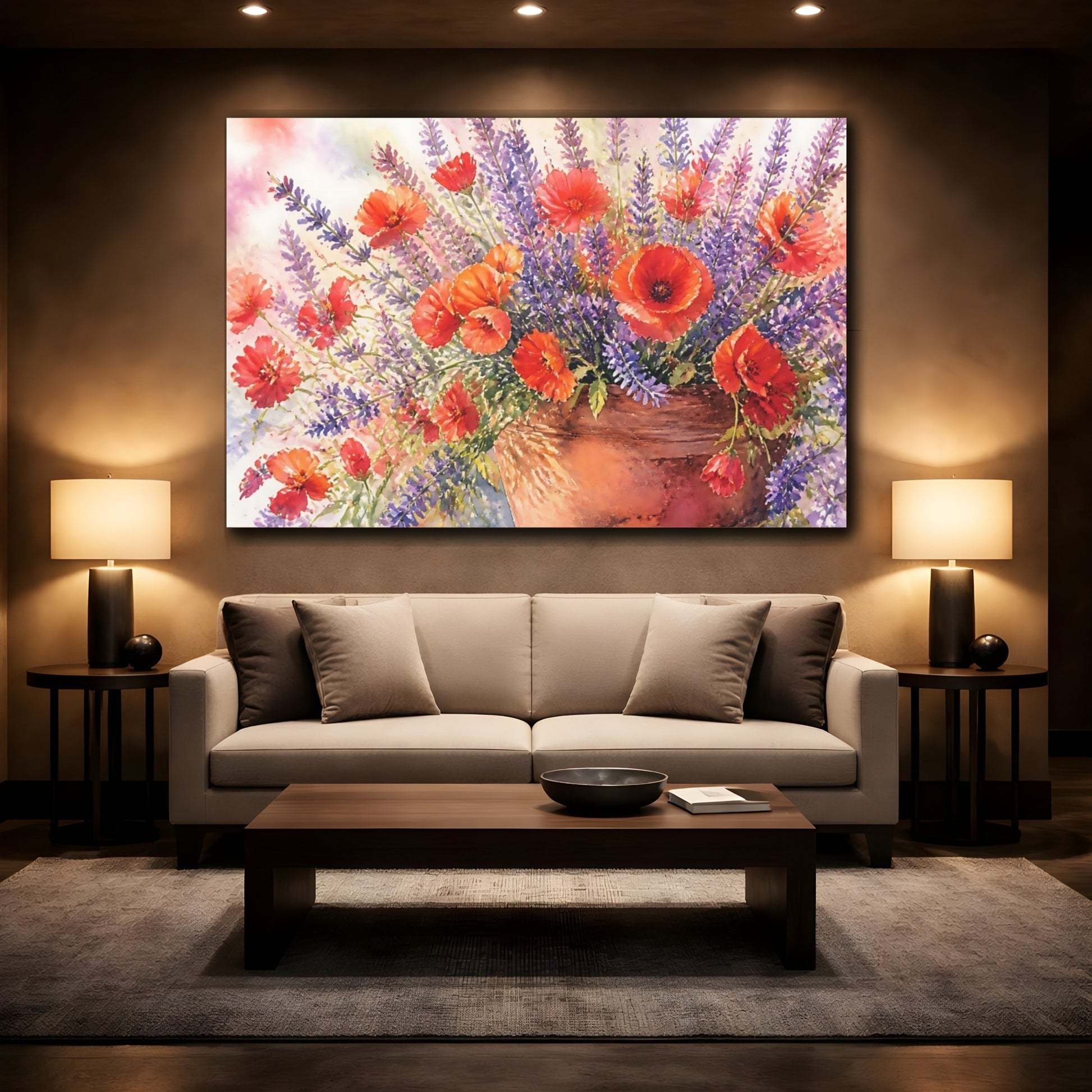 Mockup 2. Floral Poppies Lavender Poppy Lavender Bouquet shown as stretched canvas wall art