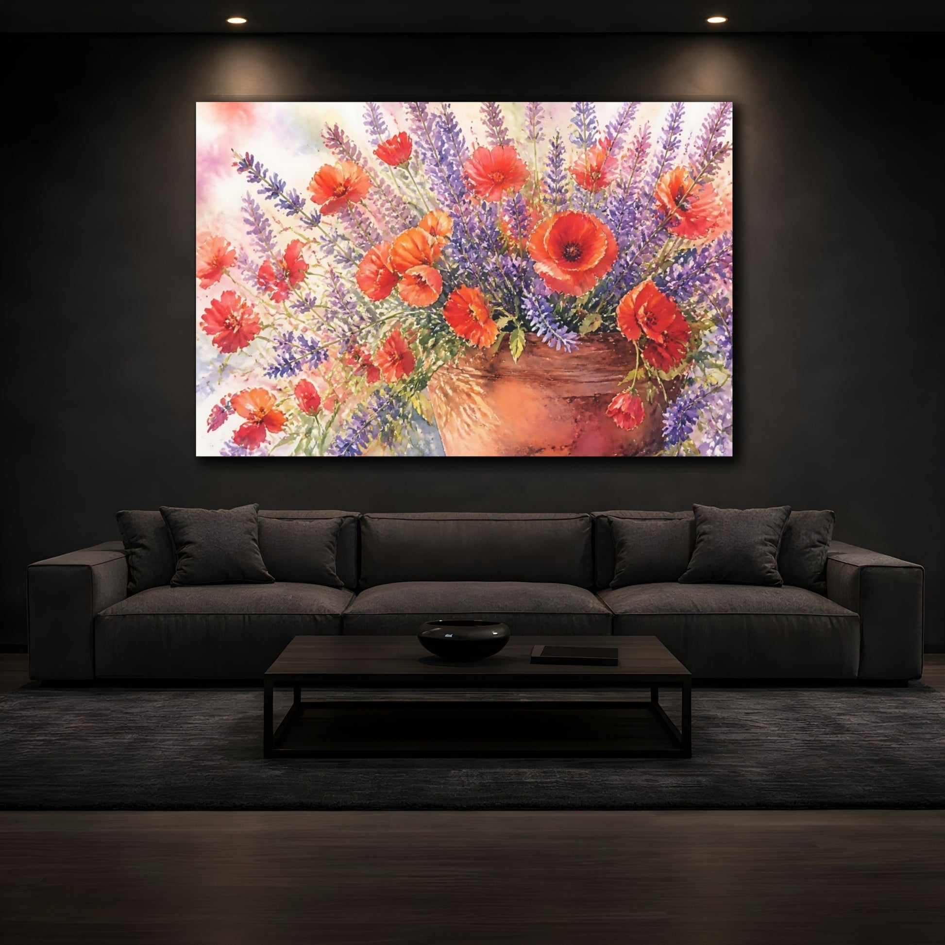 Mockup 3. Floral Poppies Lavender Poppy Lavender Bouquet shown as stretched canvas wall art