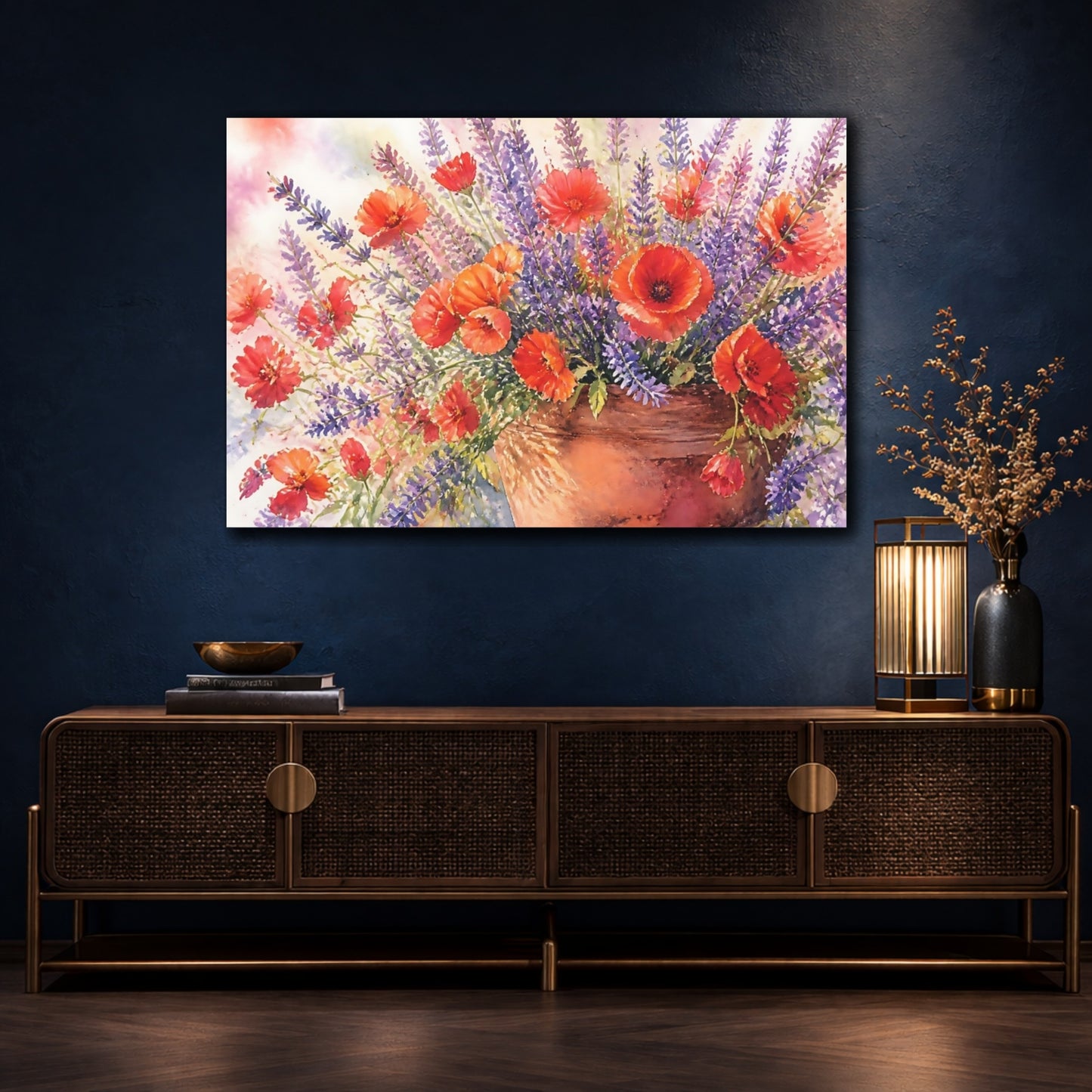 Mockup 4. Floral Poppies Lavender Poppy Lavender Bouquet shown as stretched canvas wall art