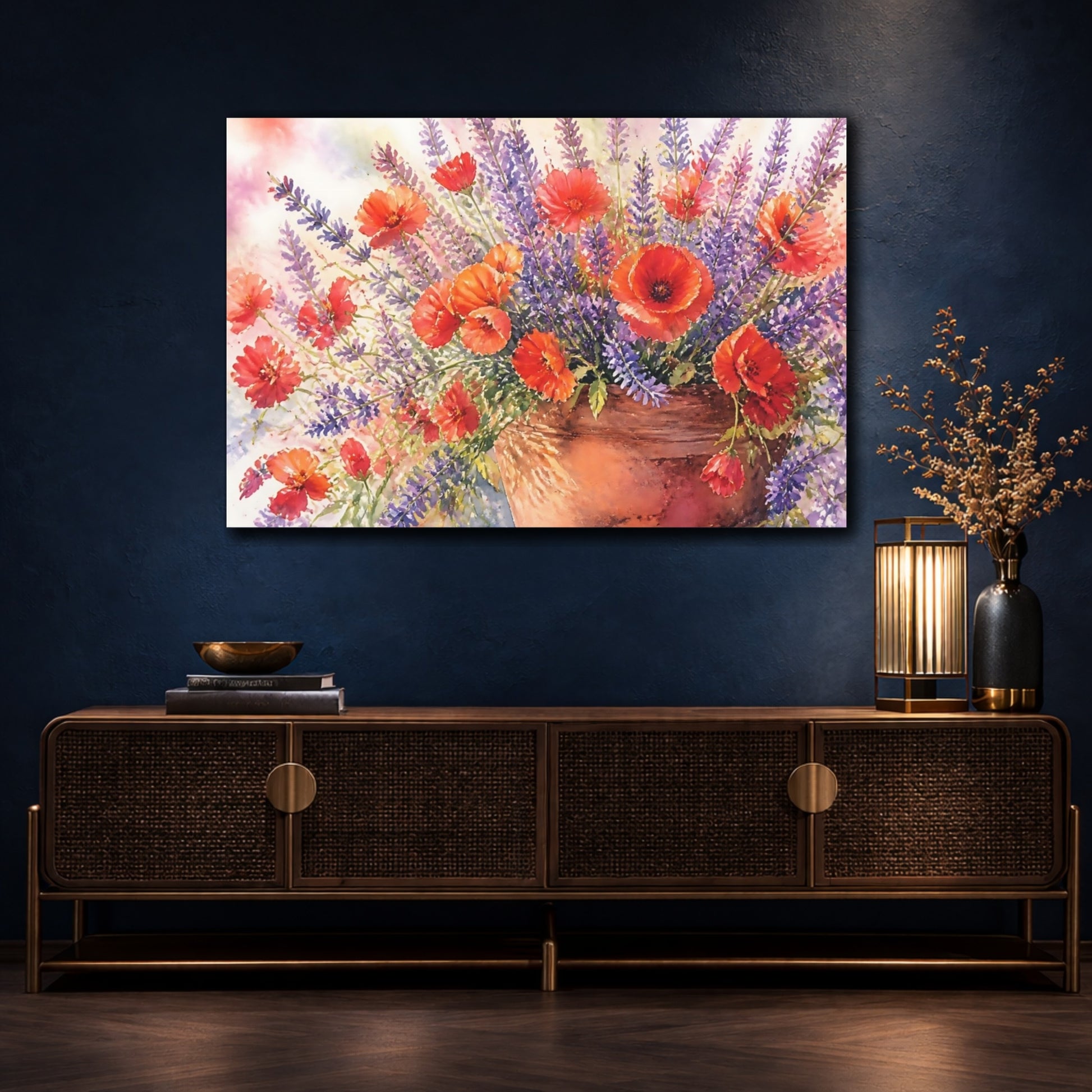 Mockup 4. Floral Poppies Lavender Poppy Lavender Bouquet shown as stretched canvas wall art