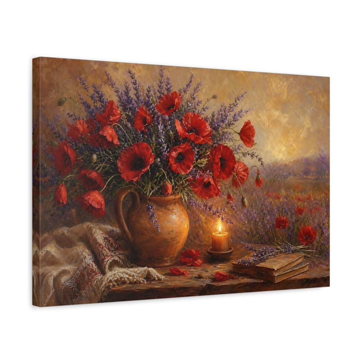Side Mockup 3. Floral Poppies Lavender Red Poppies Lavender shown as stretched canvas wall art