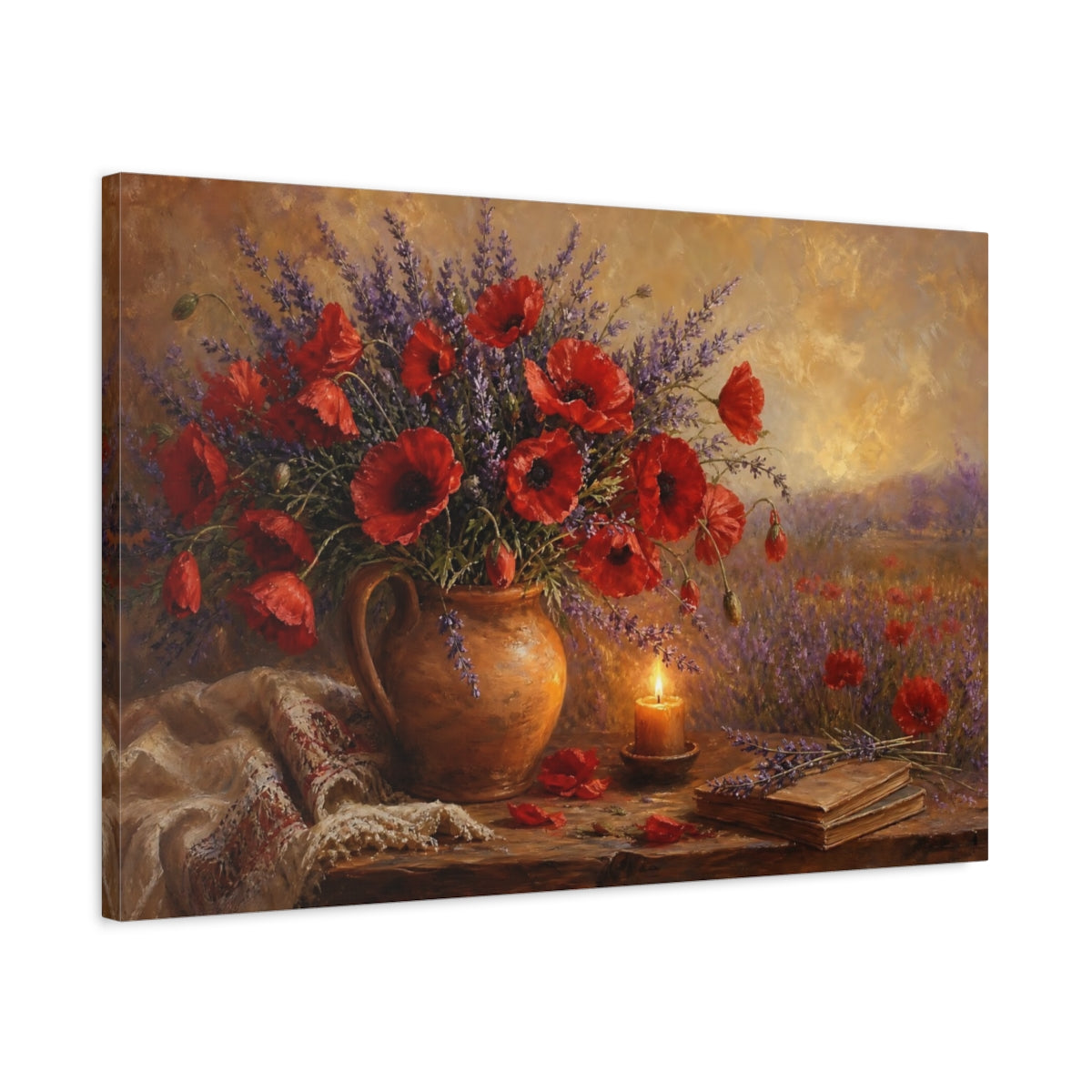 Side Mockup 2. Floral Poppies Lavender Red Poppies Lavender shown as stretched canvas wall art