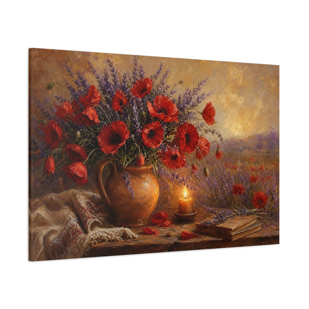 Side Mockup 1. Floral Poppies Lavender Red Poppies Lavender shown as stretched canvas wall art