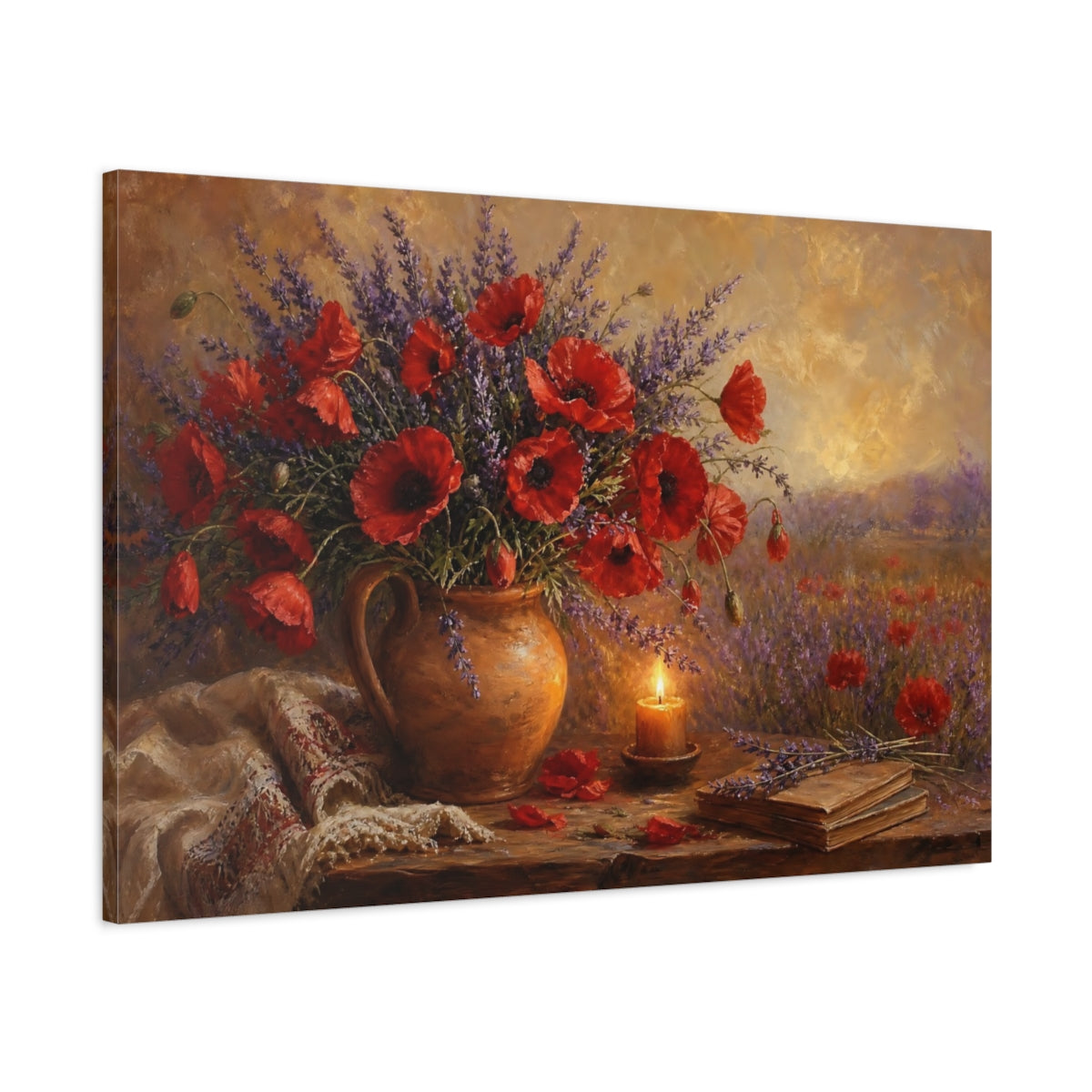 Main Mockup. Floral Poppies Lavender Red Poppies Lavender shown as stretched canvas wall art