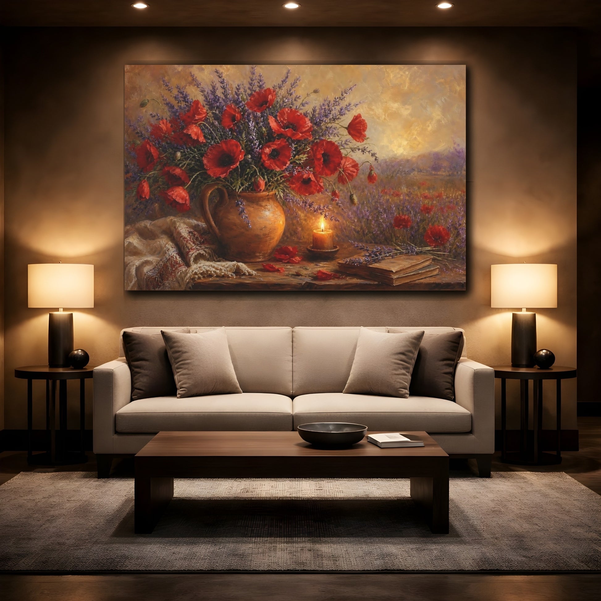 Mockup 2. Floral Poppies Lavender Red Poppies Lavender shown as stretched canvas wall art