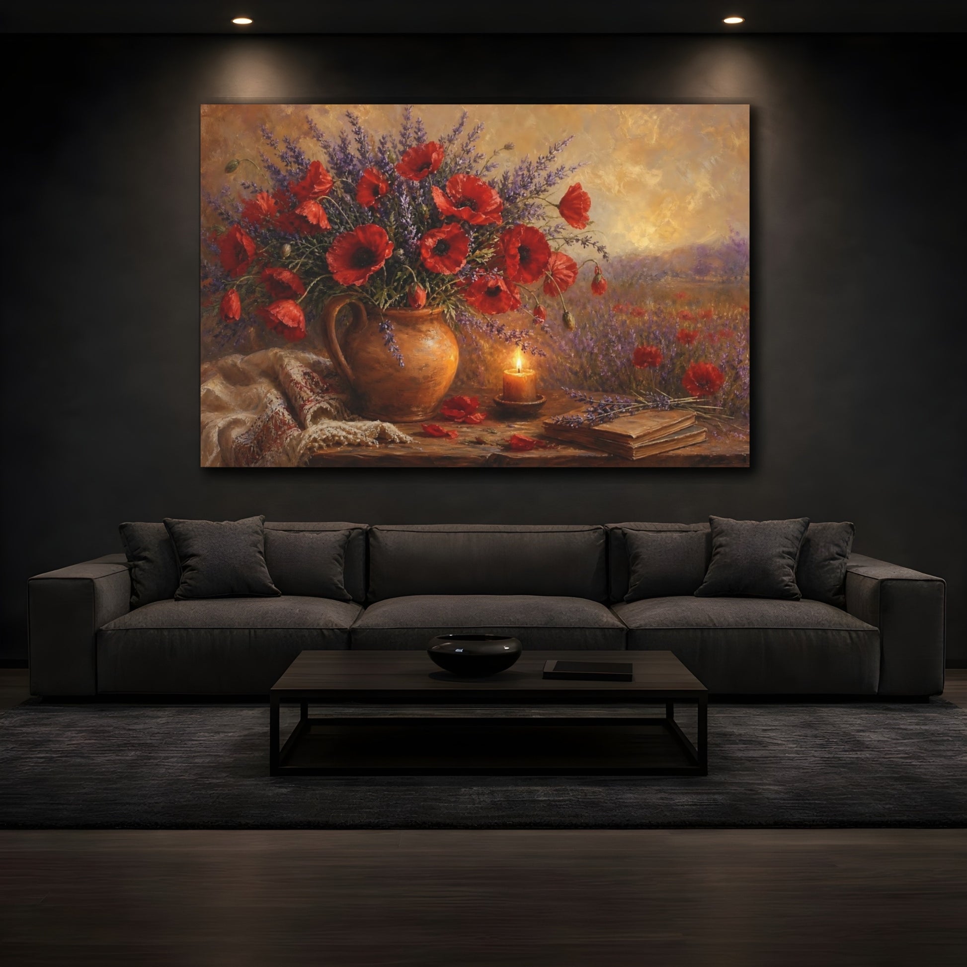 Mockup 3. Floral Poppies Lavender Red Poppies Lavender shown as stretched canvas wall art