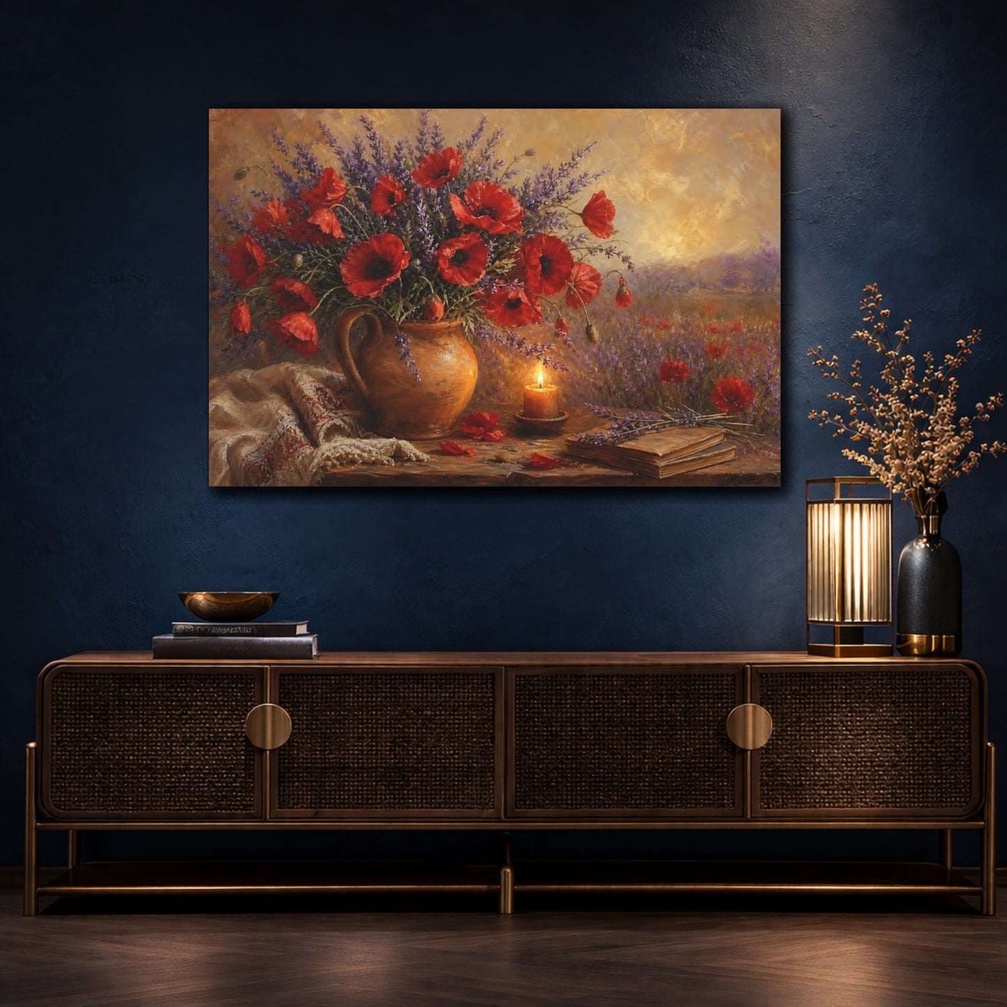 Mockup 4. Floral Poppies Lavender Red Poppies Lavender shown as stretched canvas wall art
