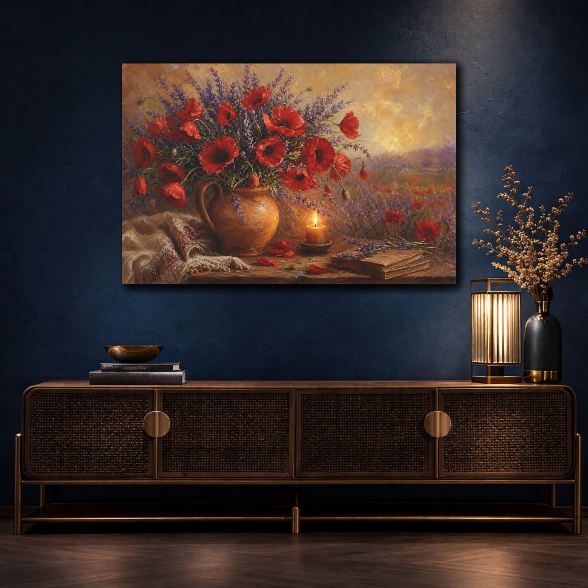 Mockup 4. Floral Poppies Lavender Red Poppies Lavender shown as stretched canvas wall art