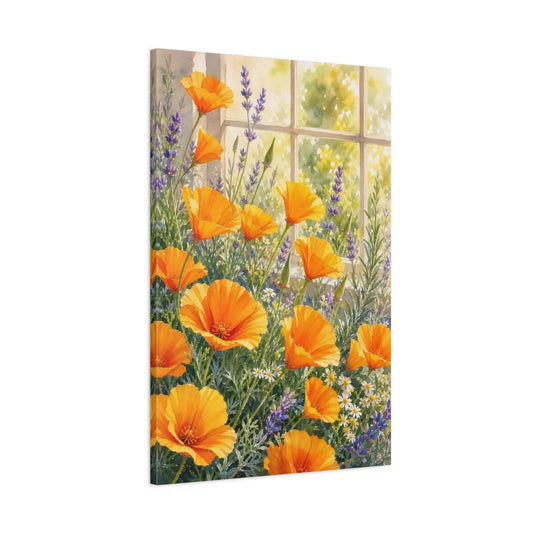 Main Mockup. Floral Poppies Orange And Purple shown as stretched canvas wall art