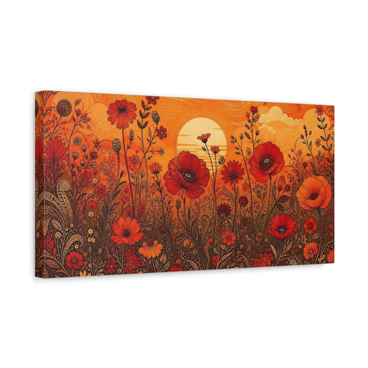 Side Mockup 3. Floral Poppies Orange And Red Floral shown as stretched canvas wall art