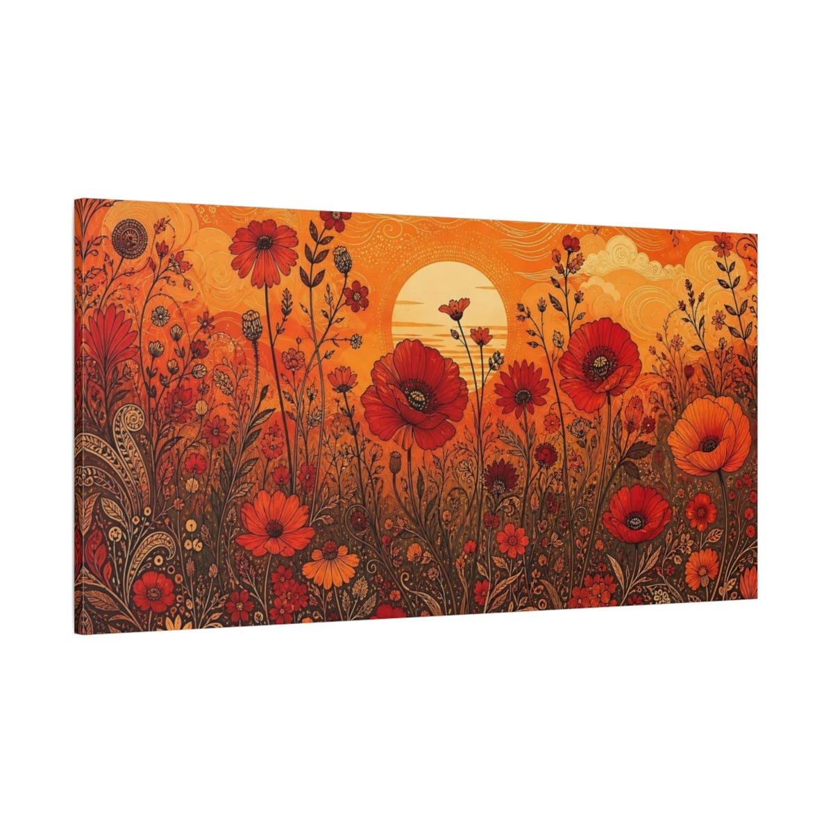 Side Mockup 2. Floral Poppies Orange And Red Floral shown as stretched canvas wall art