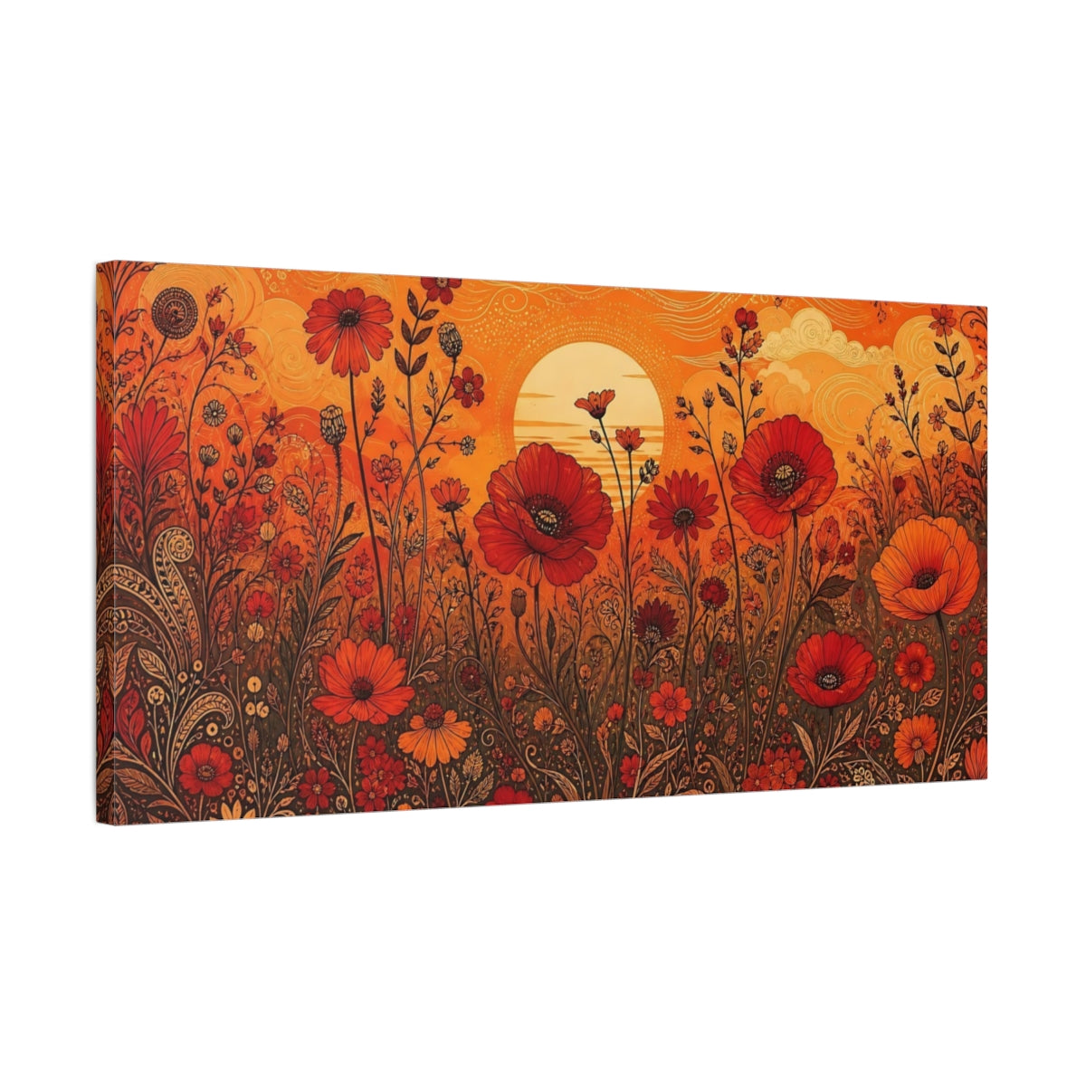 Side Mockup 1. Floral Poppies Orange And Red Floral shown as stretched canvas wall art