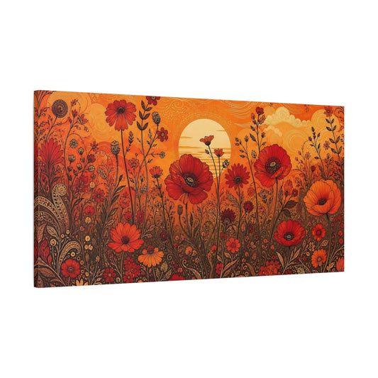 Main Mockup. Floral Poppies Orange And Red Floral shown as stretched canvas wall art