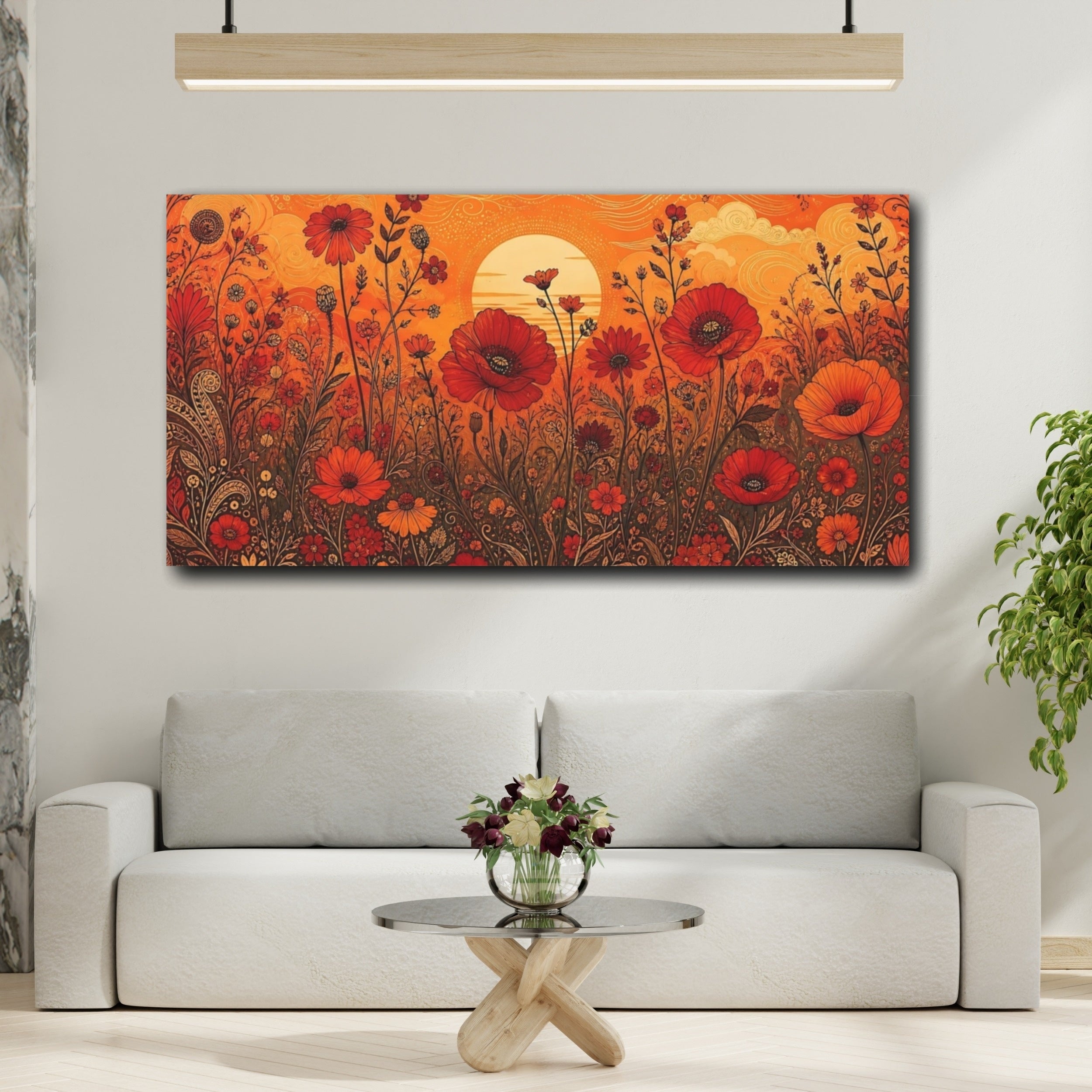 Mockup 2. Floral Poppies Orange And Red Floral shown as stretched canvas wall art