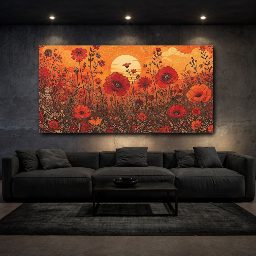 Mockup 3. Floral Poppies Orange And Red Floral shown as stretched canvas wall art