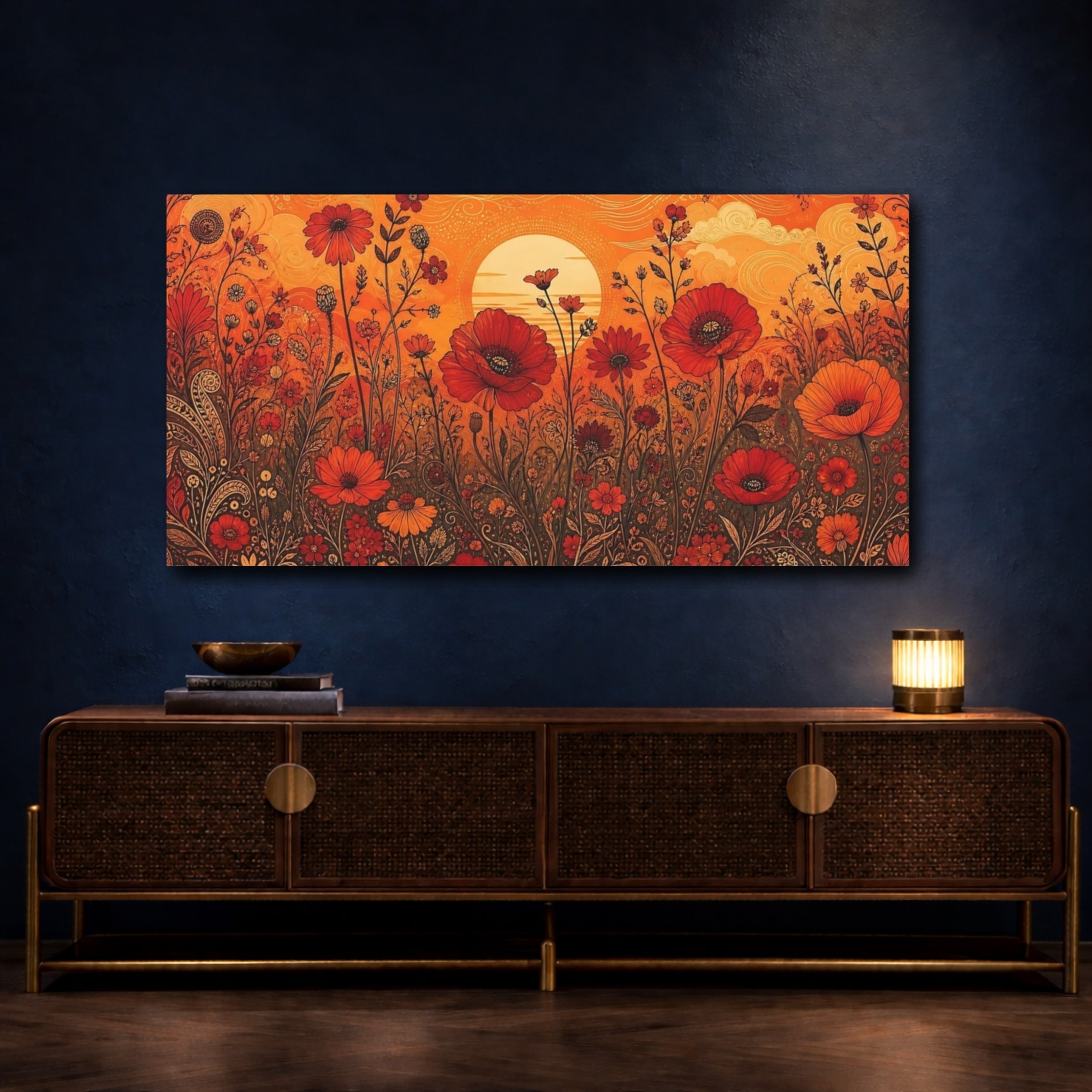 Mockup 4. Floral Poppies Orange And Red Floral shown as stretched canvas wall art