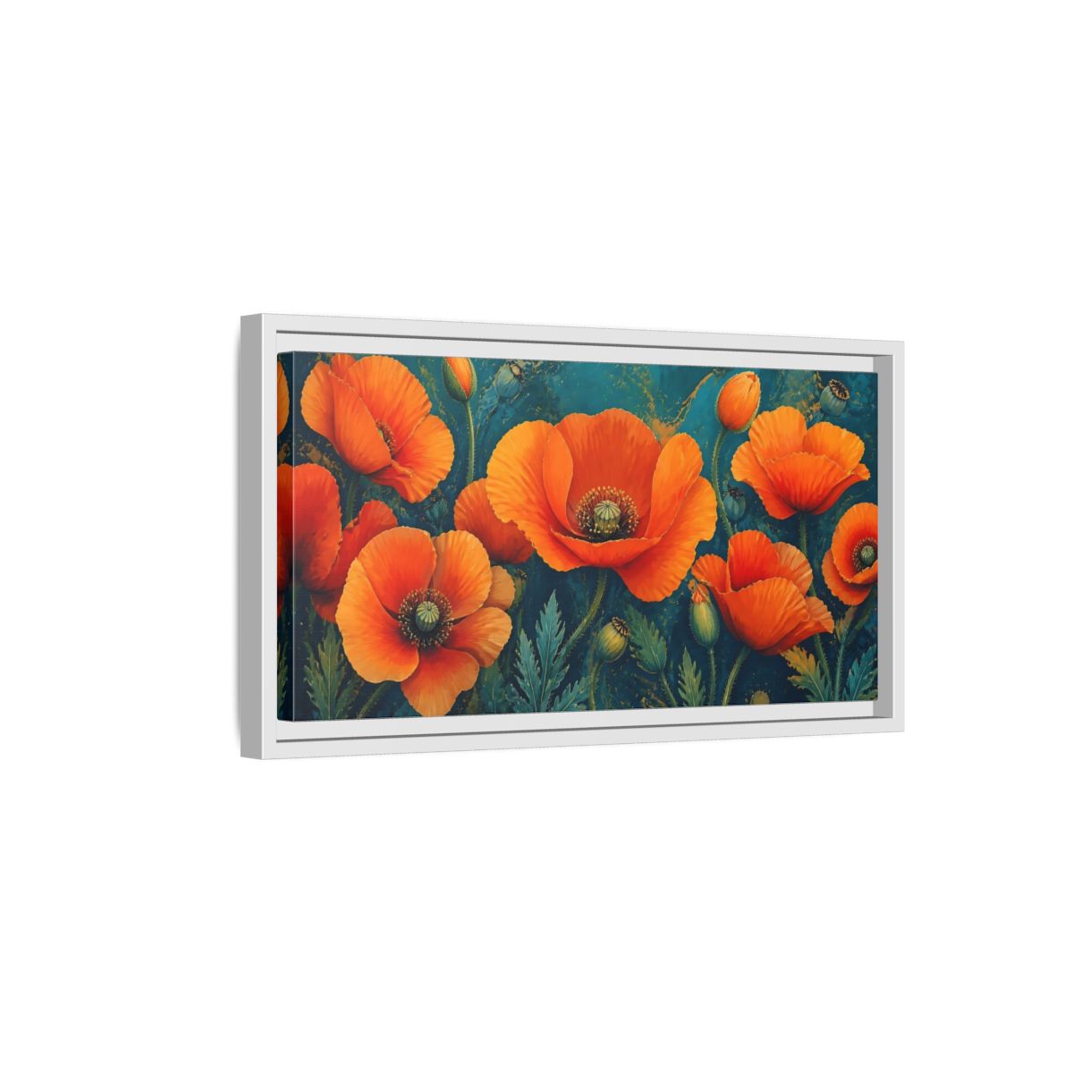Side Mockup 6. Floral Poppies Orange And Teal Poppies shown as stretched canvas wall art