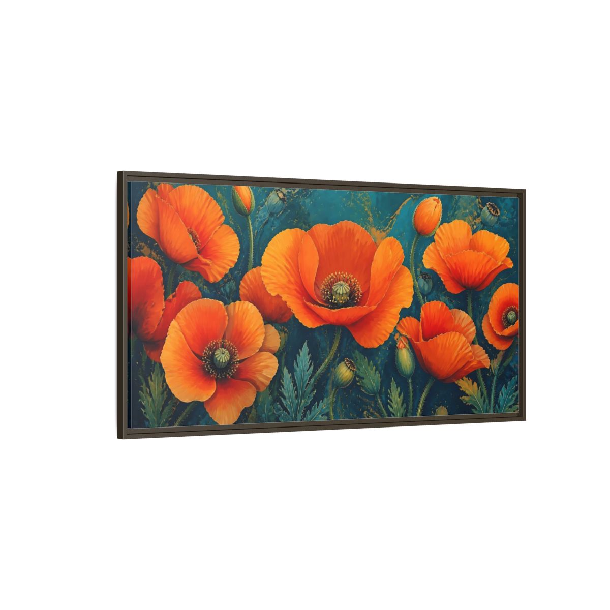 Side Mockup 4. Floral Poppies Orange And Teal Poppies shown as stretched canvas wall art
