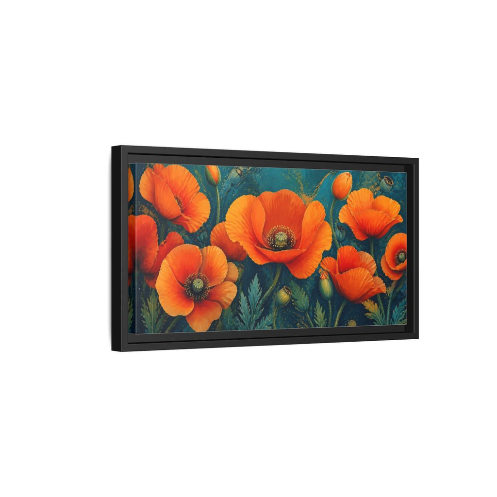 Side Mockup 8. Floral Poppies Orange And Teal Poppies shown as stretched canvas wall art