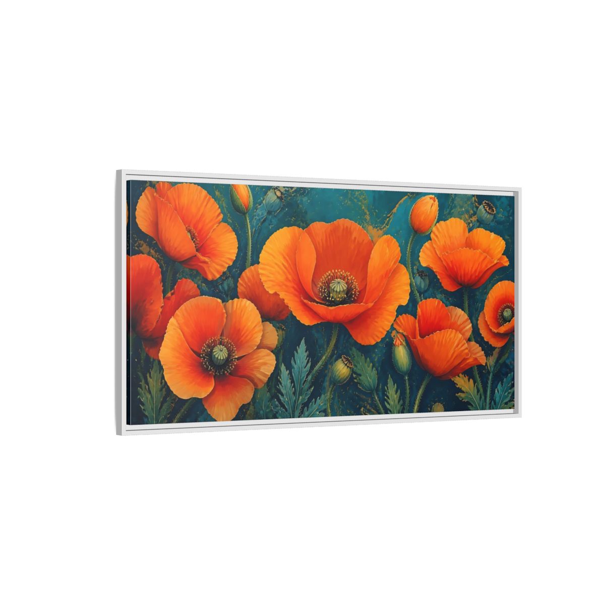 Side Mockup 3. Floral Poppies Orange And Teal Poppies shown as stretched canvas wall art