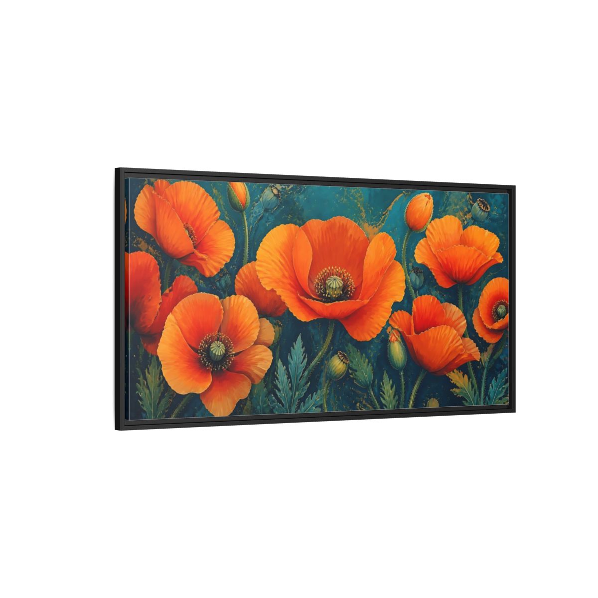 Side Mockup 5. Floral Poppies Orange And Teal Poppies shown as stretched canvas wall art