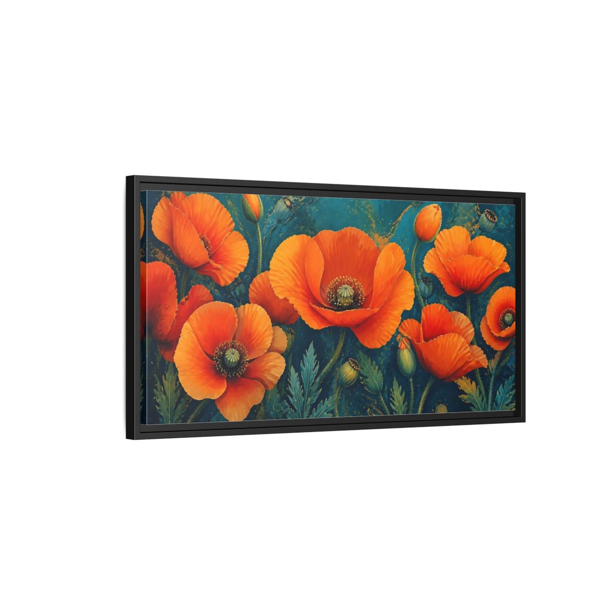 Side Mockup 2. Floral Poppies Orange And Teal Poppies shown as stretched canvas wall art