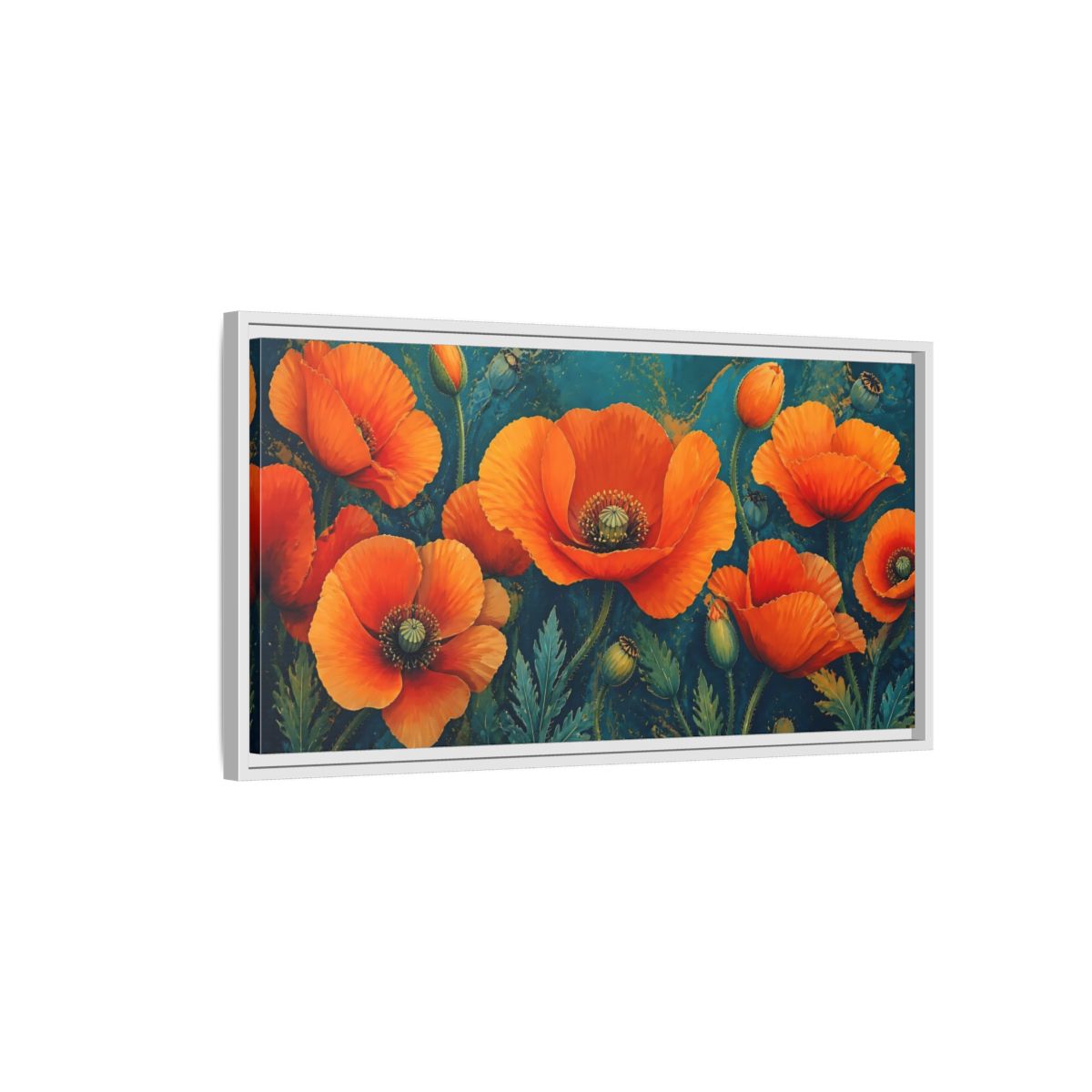 Side Mockup 1. Floral Poppies Orange And Teal Poppies shown as stretched canvas wall art