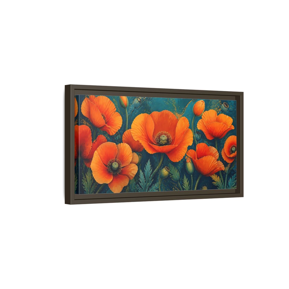 Side Mockup 7. Floral Poppies Orange And Teal Poppies shown as stretched canvas wall art