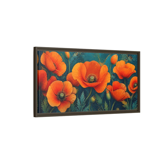 Main Mockup. Floral Poppies Orange And Teal Poppies shown as stretched canvas wall art