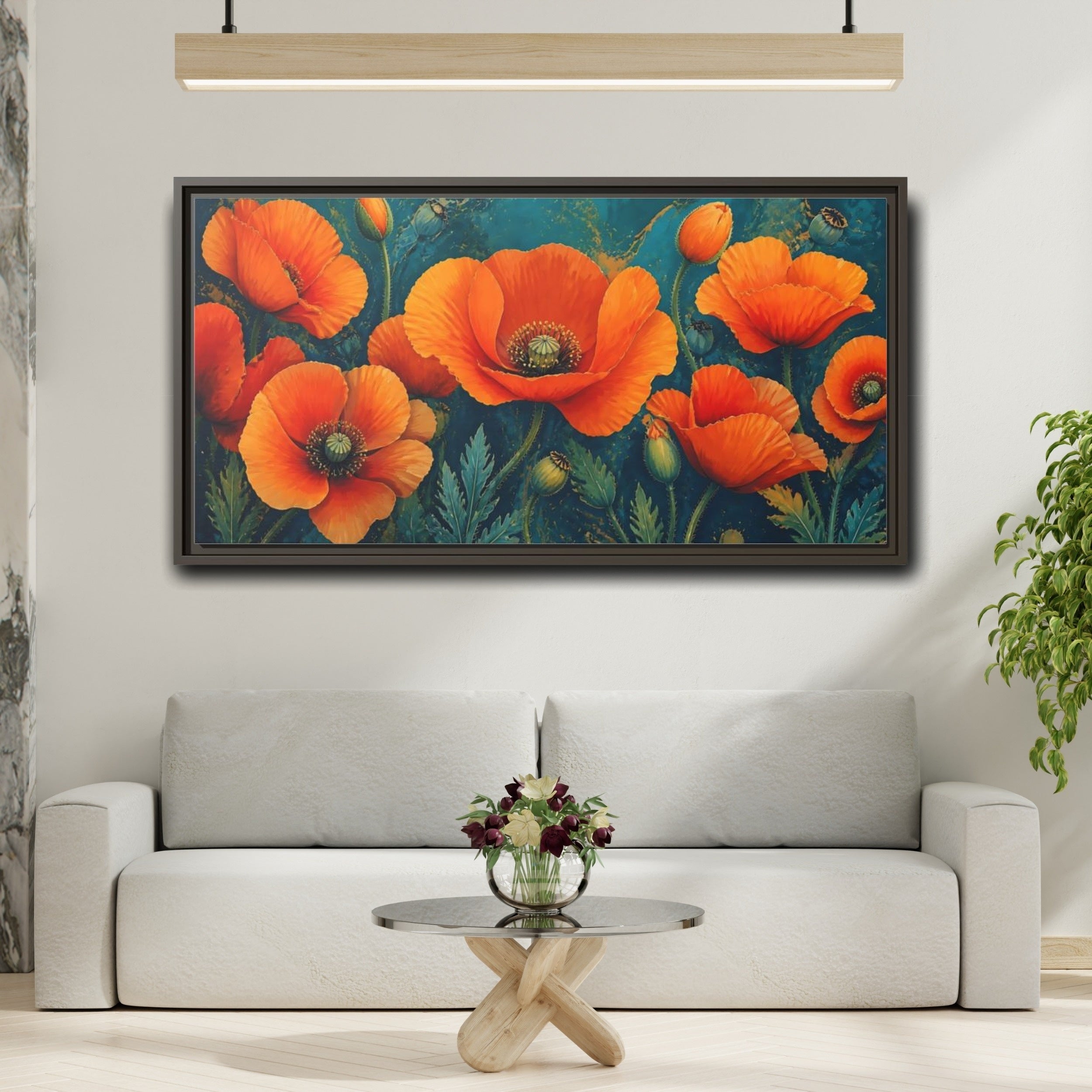 Mockup 2. Floral Poppies Orange And Teal Poppies shown as stretched canvas wall art