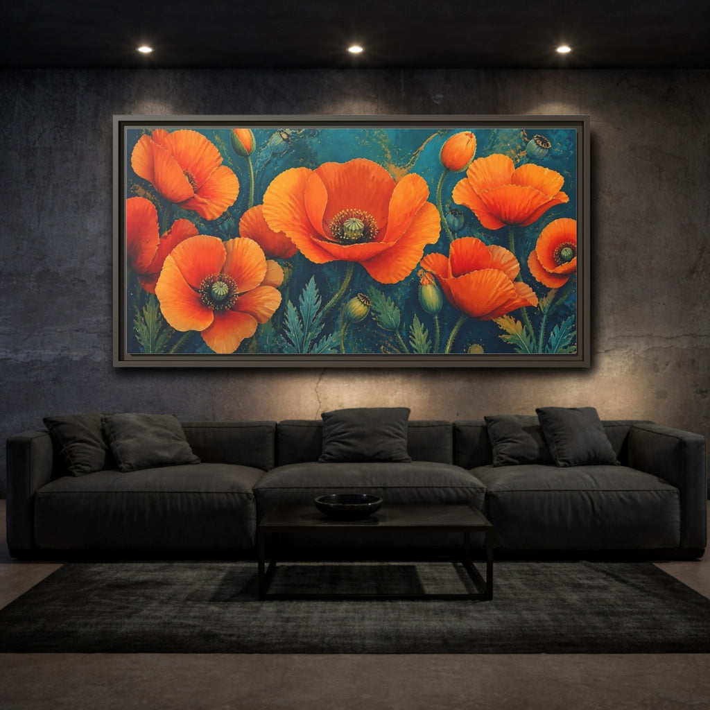 Mockup 3. Floral Poppies Orange And Teal Poppies shown as stretched canvas wall art