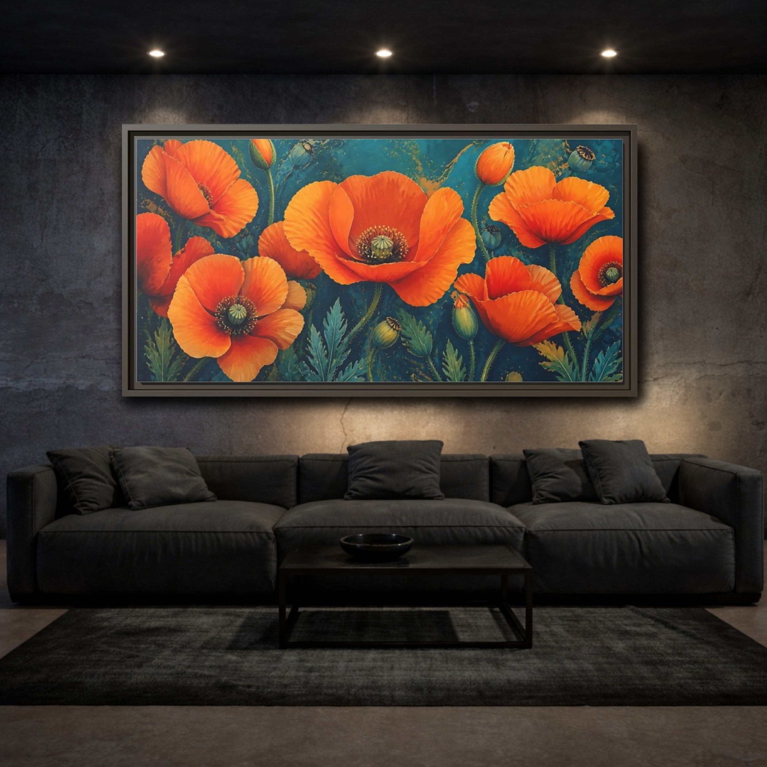 Mockup 3. Floral Poppies Orange And Teal Poppies shown as stretched canvas wall art