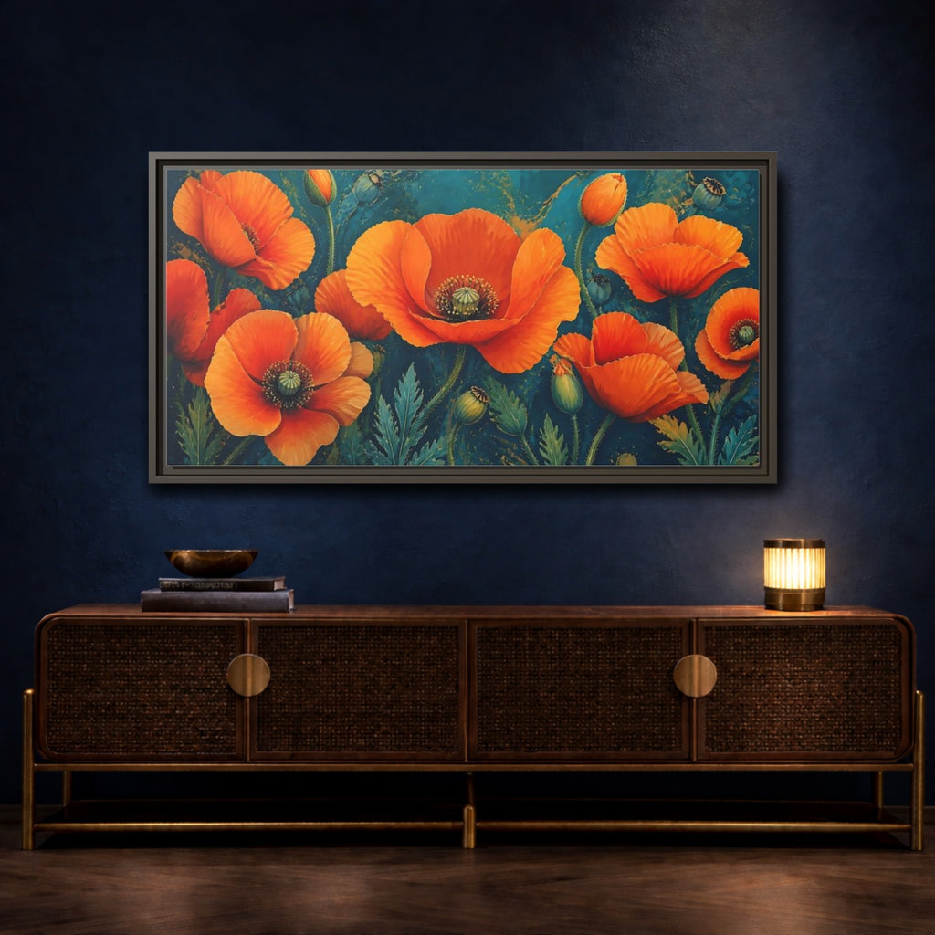 Mockup 4. Floral Poppies Orange And Teal Poppies shown as stretched canvas wall art