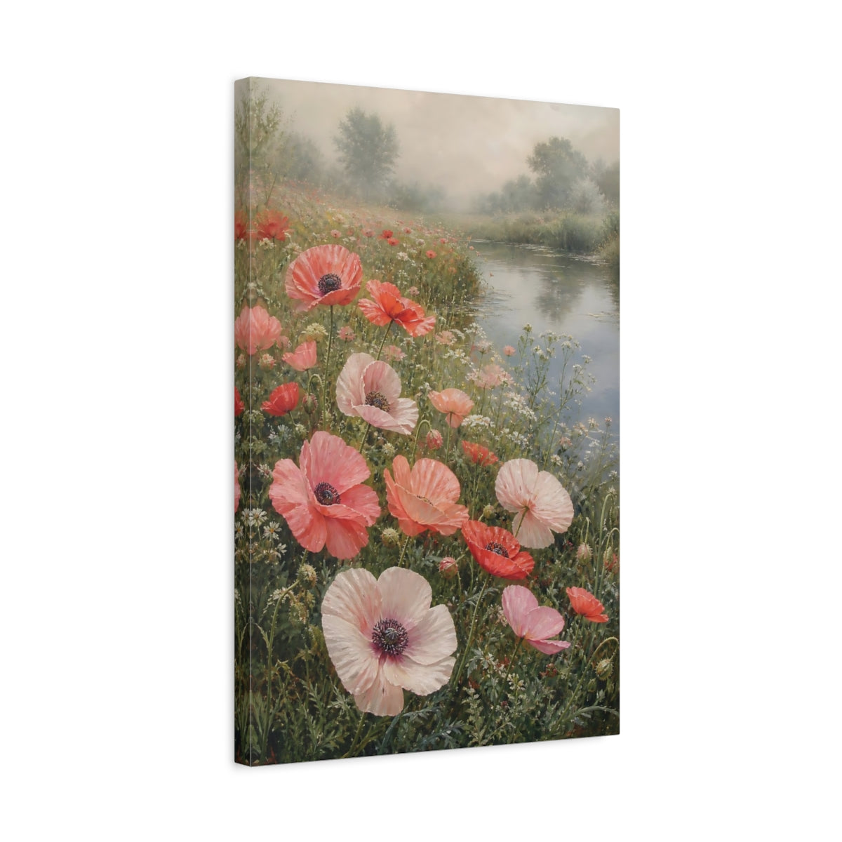 Side Mockup 3. Floral Poppies Pink Poppies shown as stretched canvas wall art