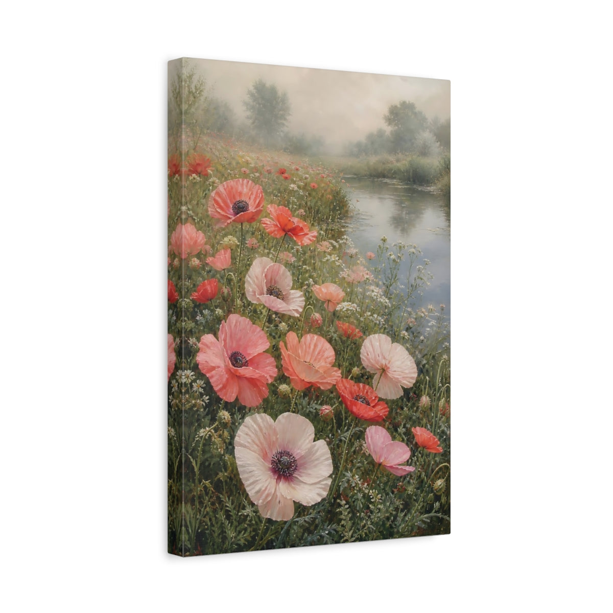 Side Mockup 4. Floral Poppies Pink Poppies shown as stretched canvas wall art