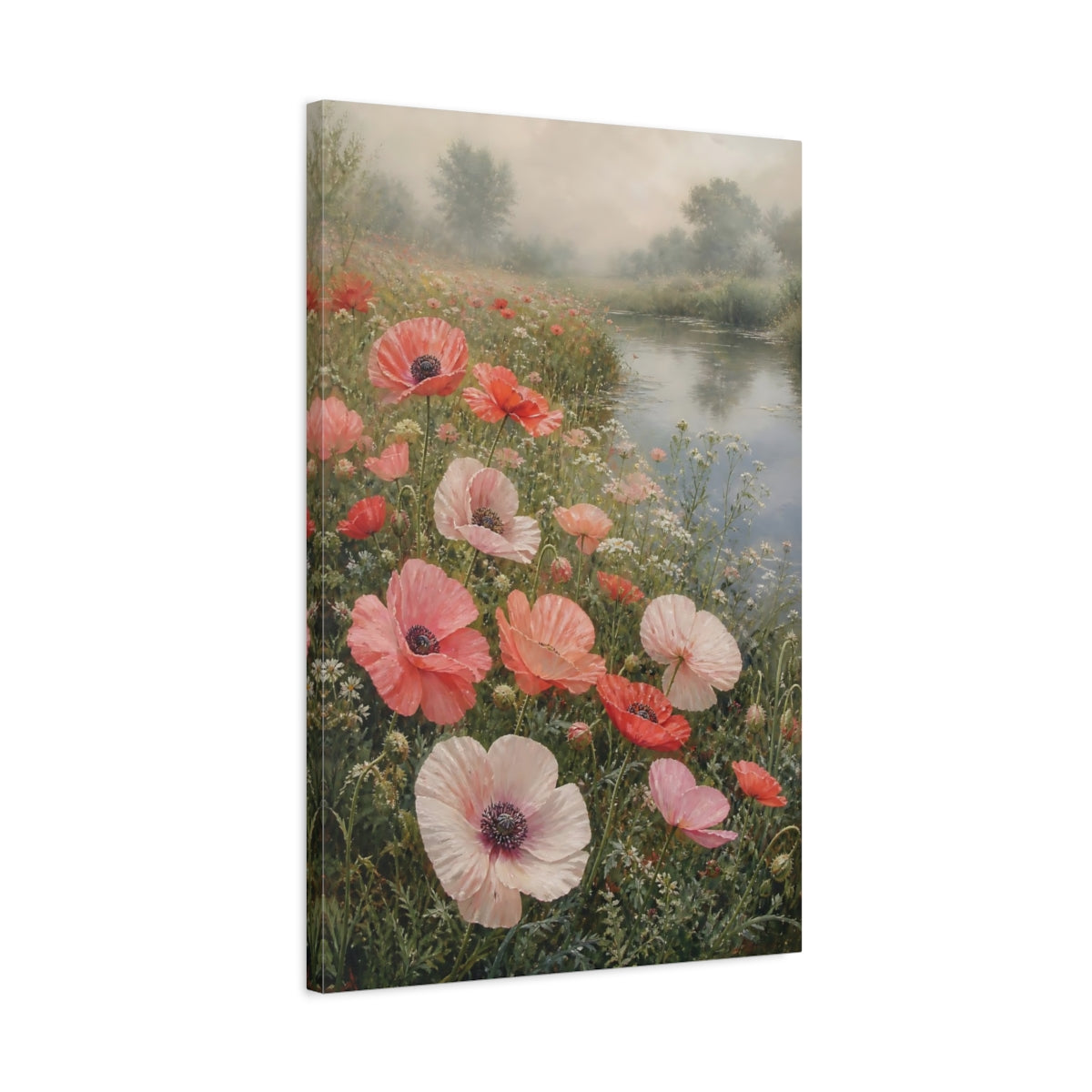 Side Mockup 2. Floral Poppies Pink Poppies shown as stretched canvas wall art
