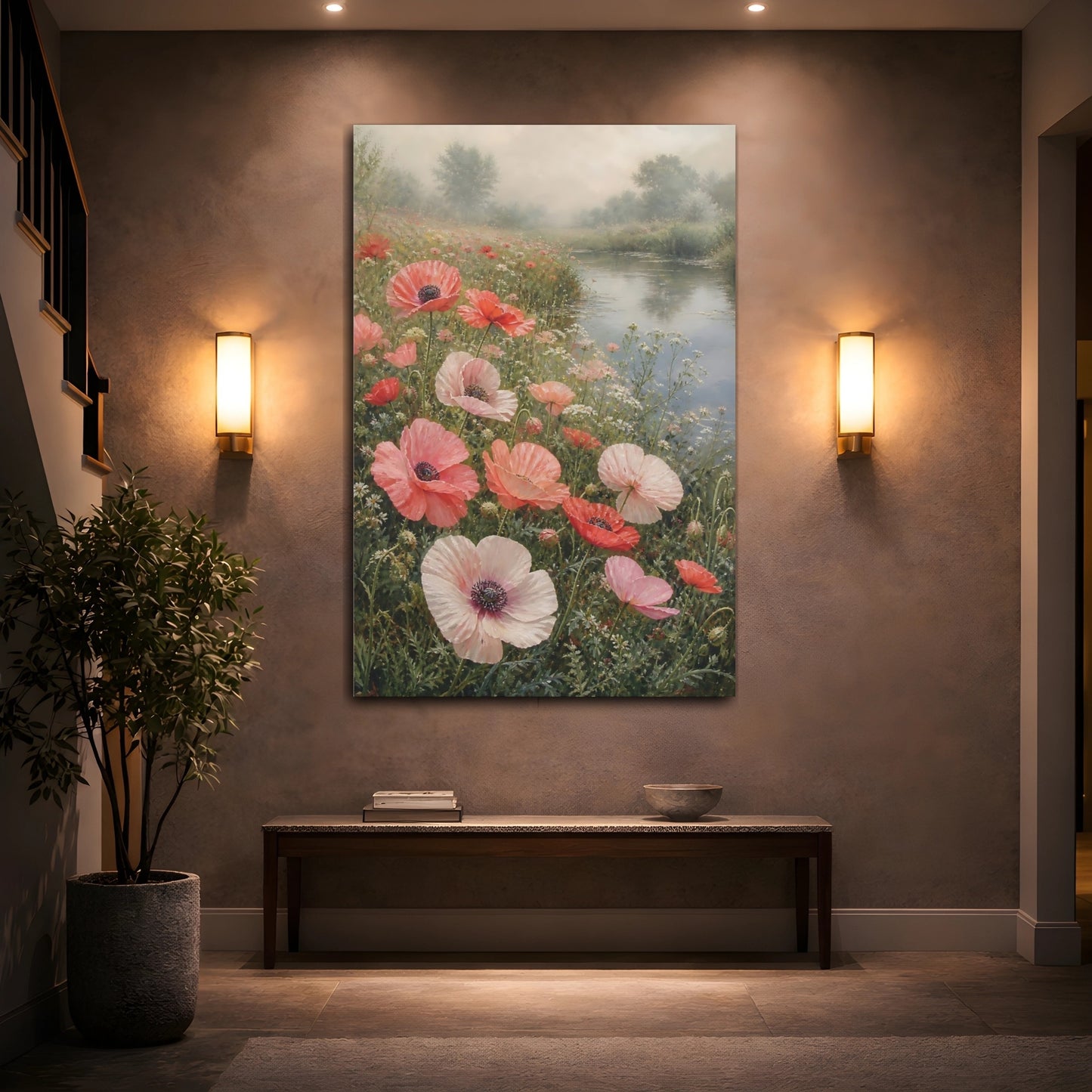 Mockup 2. Floral Poppies Pink Poppies shown as stretched canvas wall art