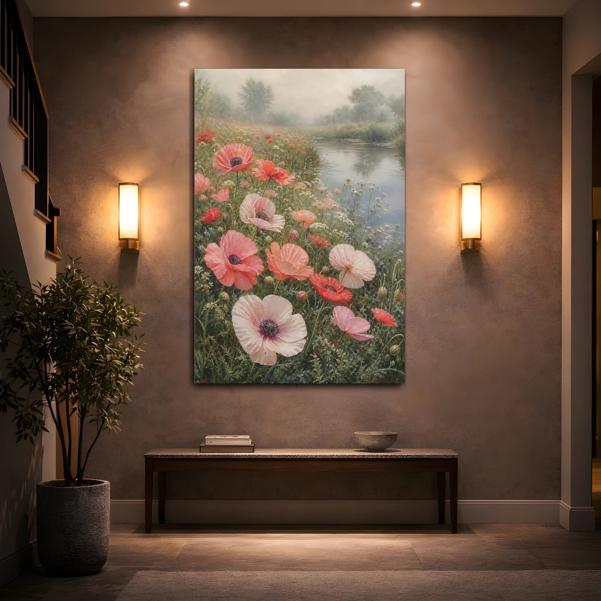 Mockup 2. Floral Poppies Pink Poppies shown as stretched canvas wall art