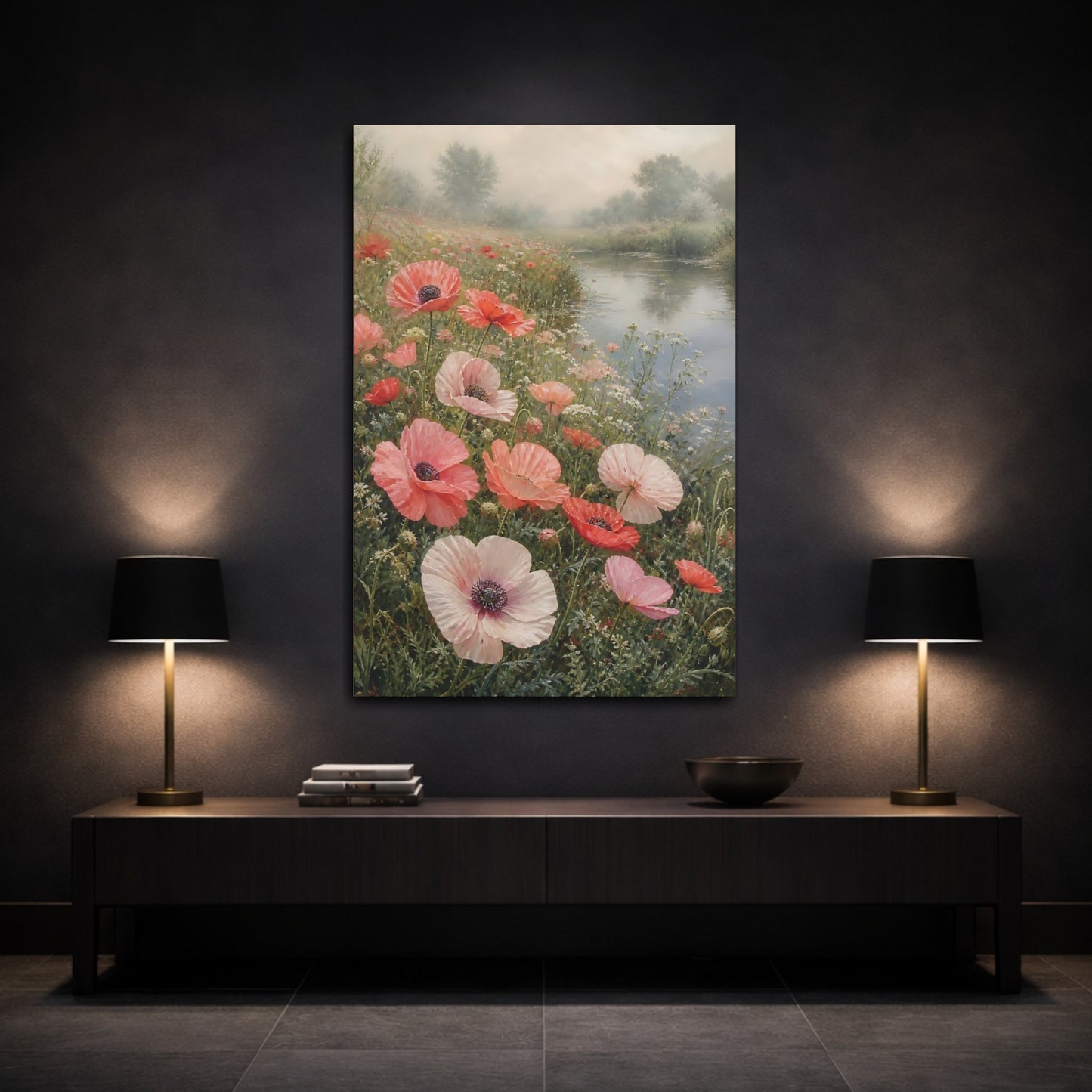 Mockup 3. Floral Poppies Pink Poppies shown as stretched canvas wall art