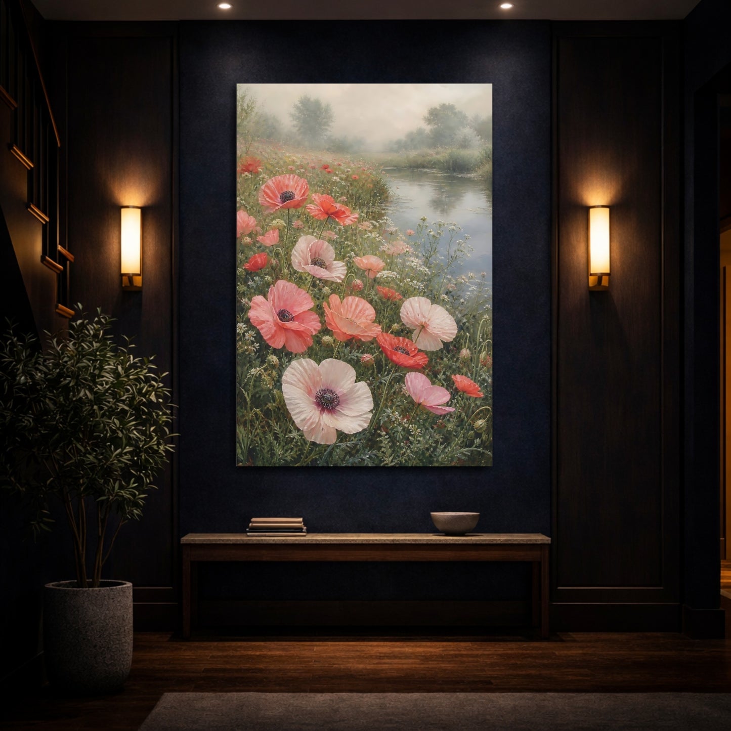 Mockup 4. Floral Poppies Pink Poppies shown as stretched canvas wall art