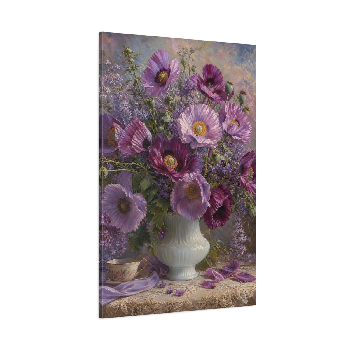 Side Mockup 1. Floral Poppies Purple And Lavender shown as stretched canvas wall art