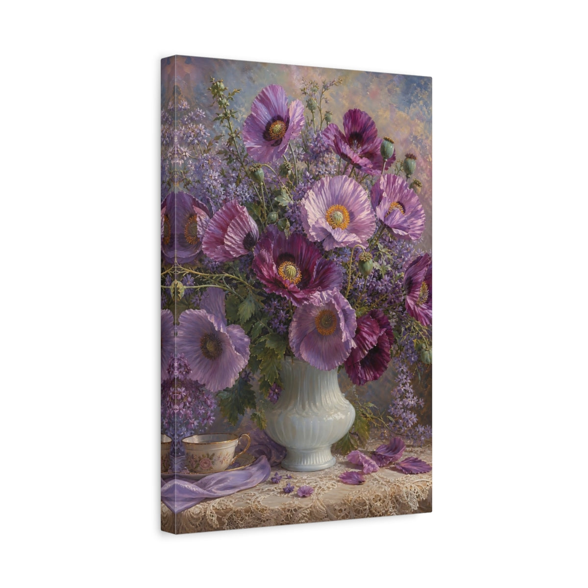 Side Mockup 4. Floral Poppies Purple And Lavender shown as stretched canvas wall art