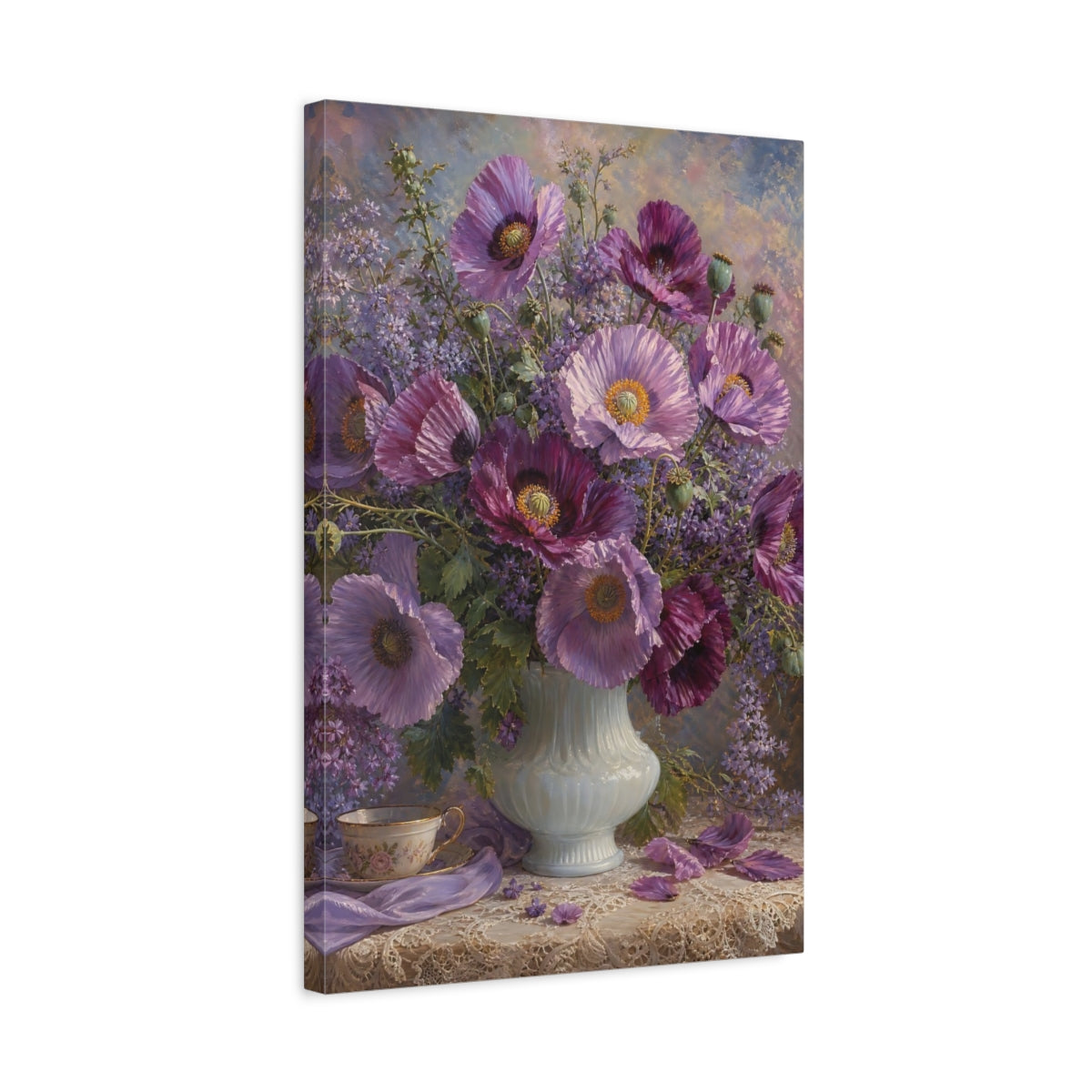Side Mockup 3. Floral Poppies Purple And Lavender shown as stretched canvas wall art