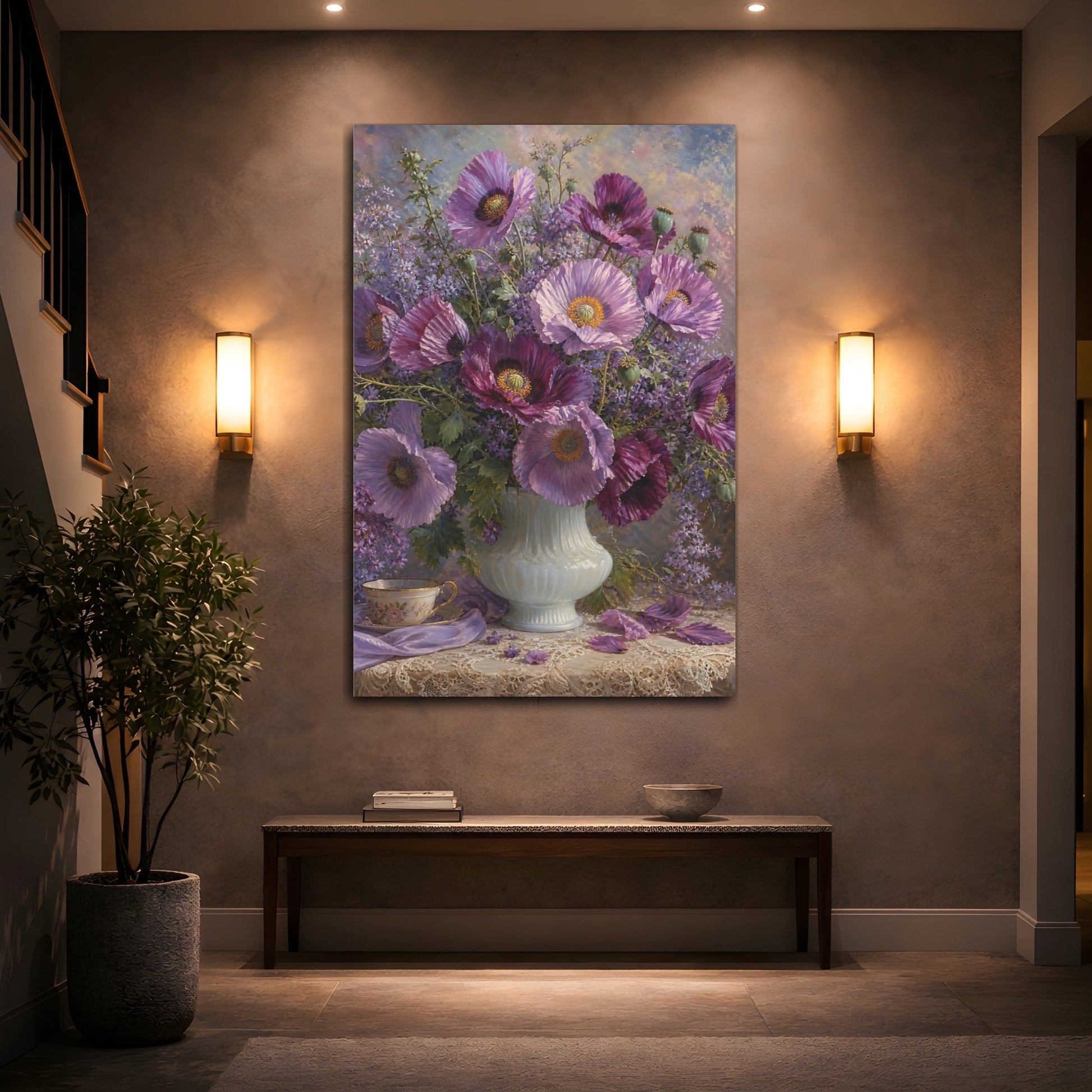Mockup 2. Floral Poppies Purple And Lavender shown as stretched canvas wall art