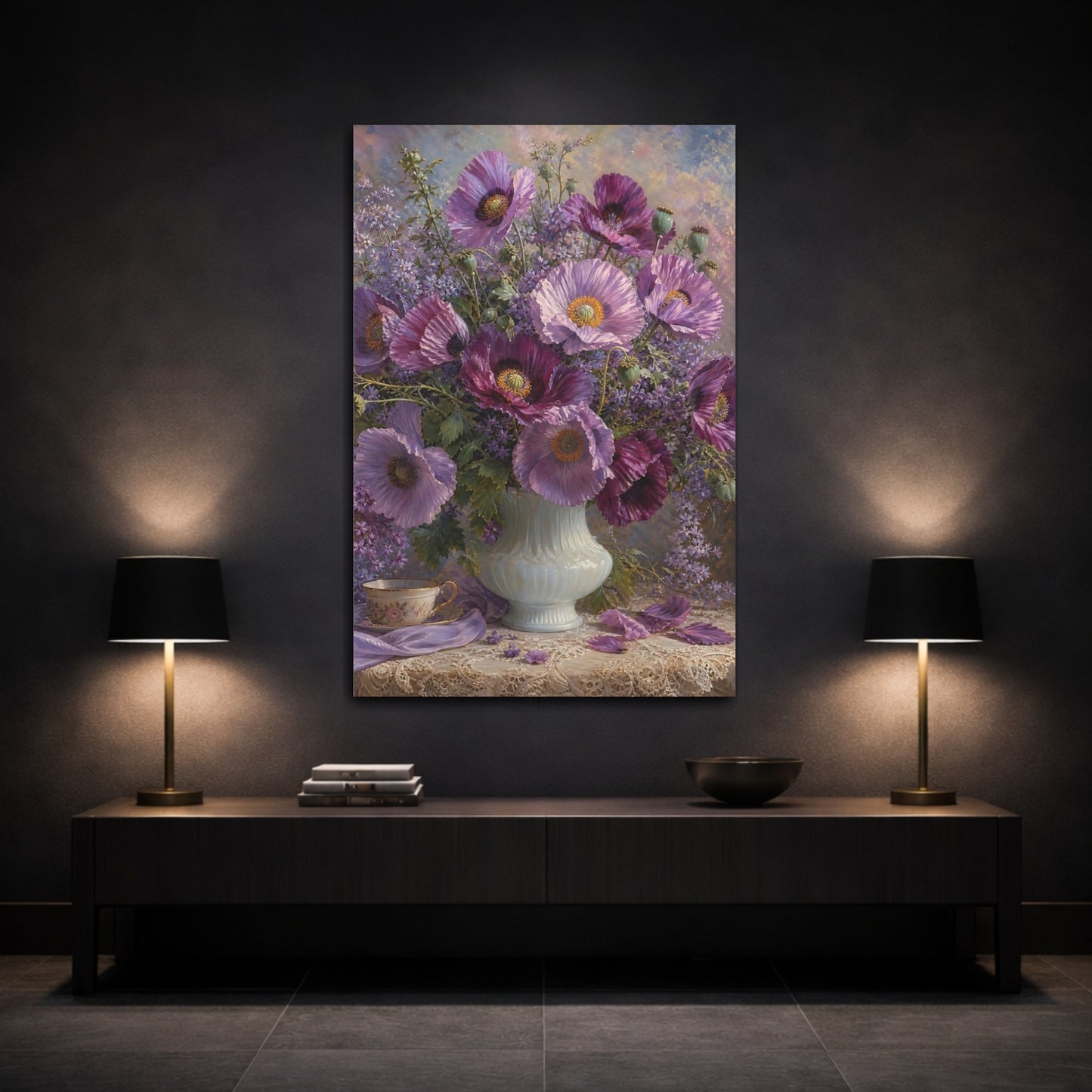 Mockup 3. Floral Poppies Purple And Lavender shown as stretched canvas wall art