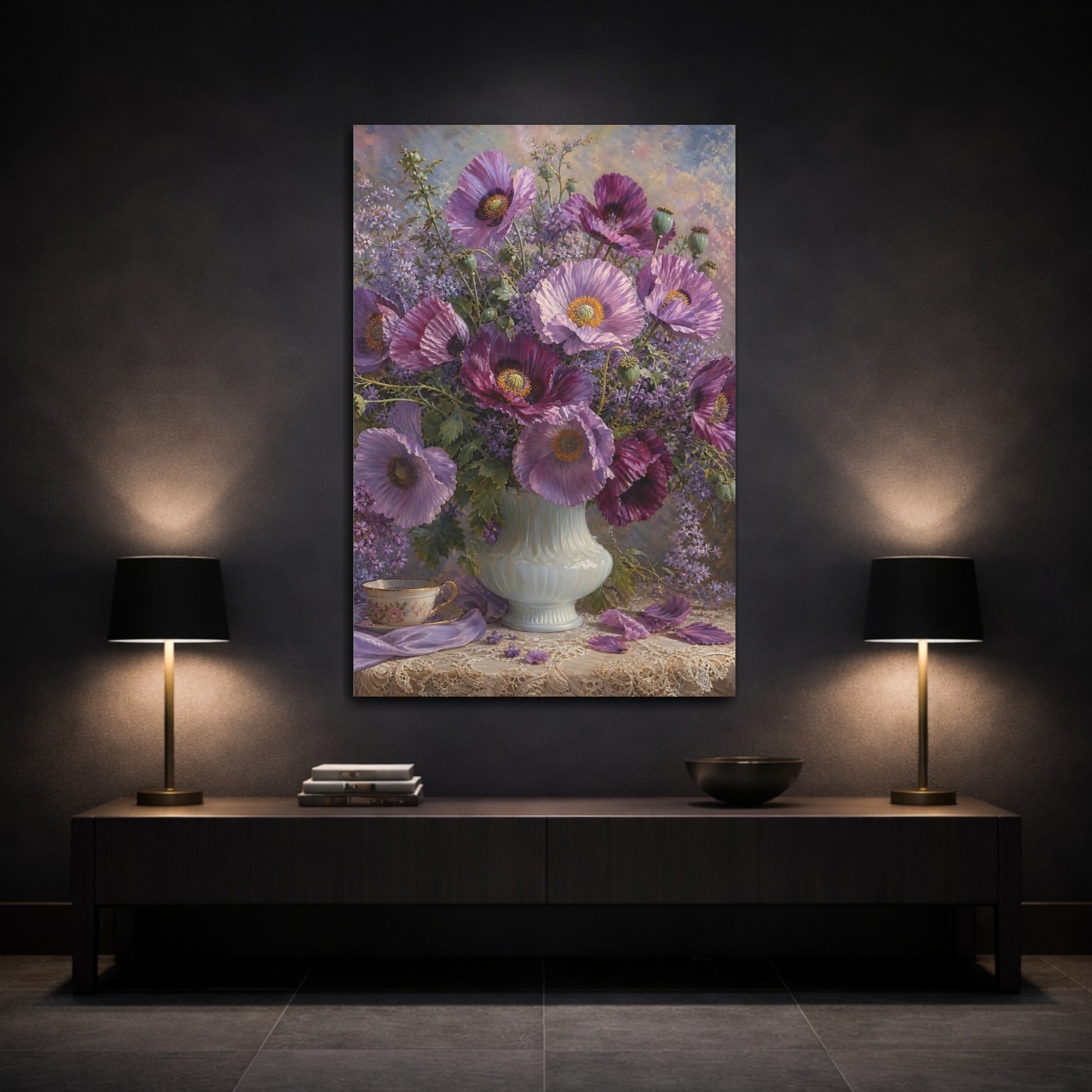 Mockup 3. Floral Poppies Purple And Lavender shown as stretched canvas wall art