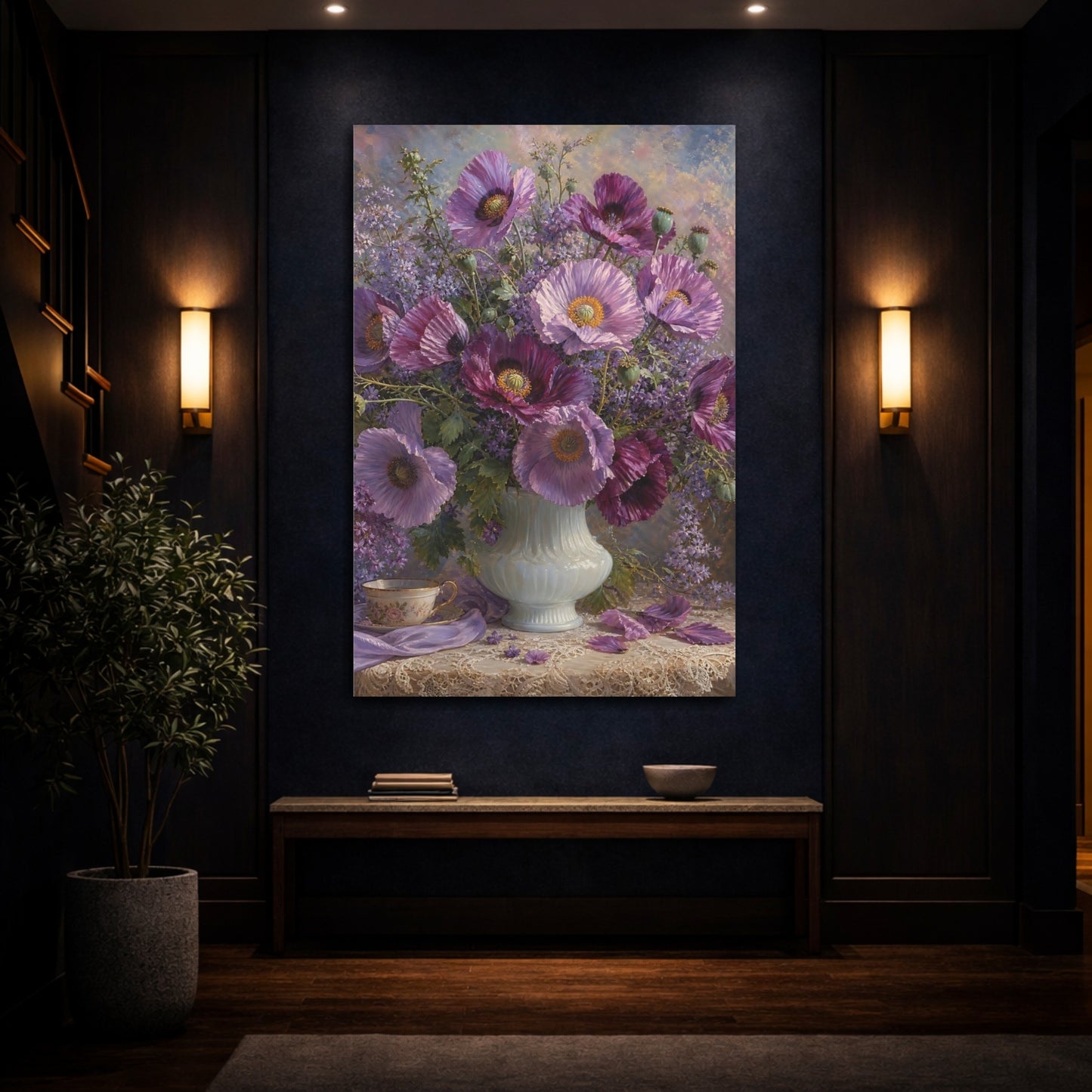 Mockup 4. Floral Poppies Purple And Lavender shown as stretched canvas wall art